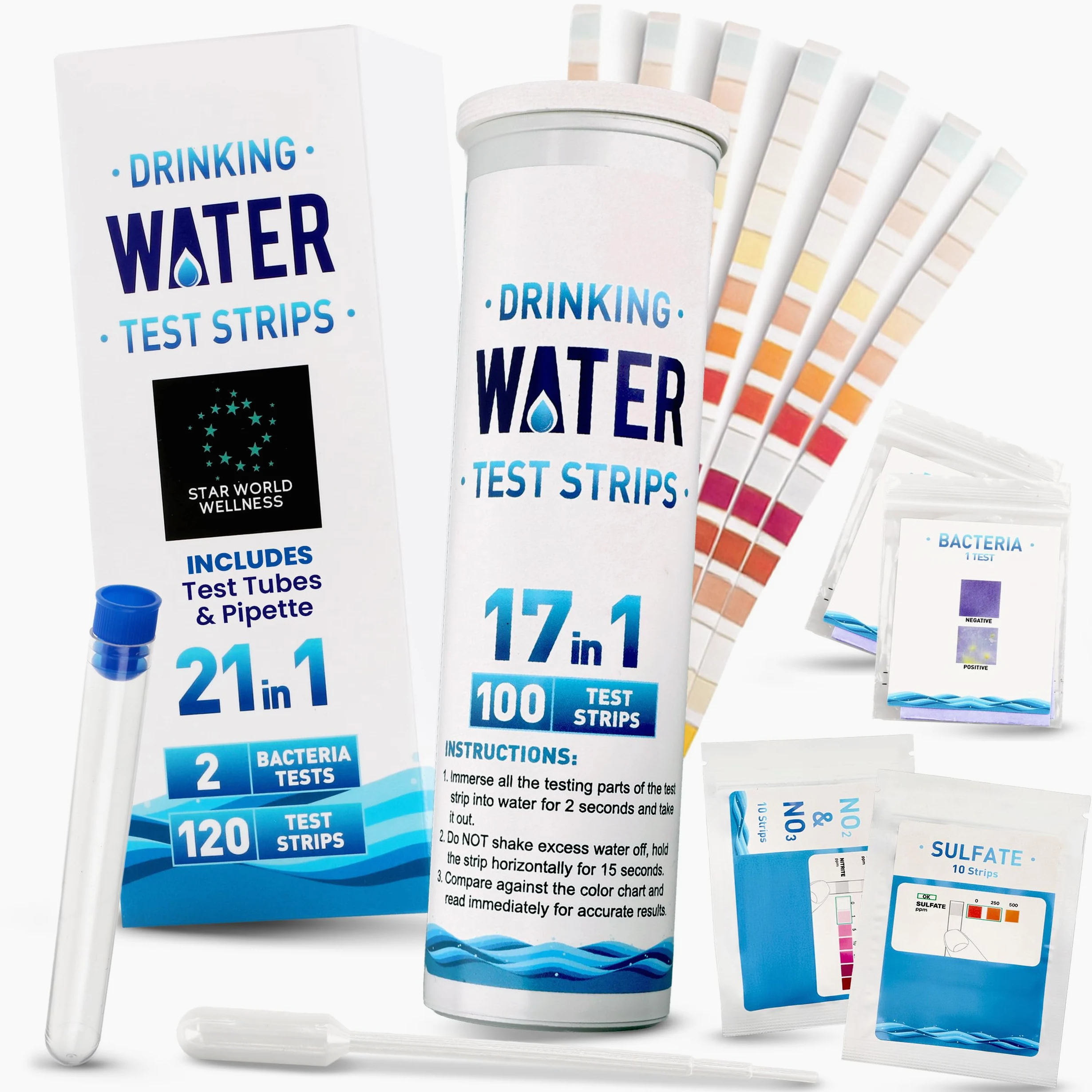 Kit de test d'eau potable 21 en 1 - 120 bandelettes de test d'eau + 2 tests de bactéries. Test de qualité de l'eau du robinet et du puits pour plomb, pH, dureté, chlore, nitrate