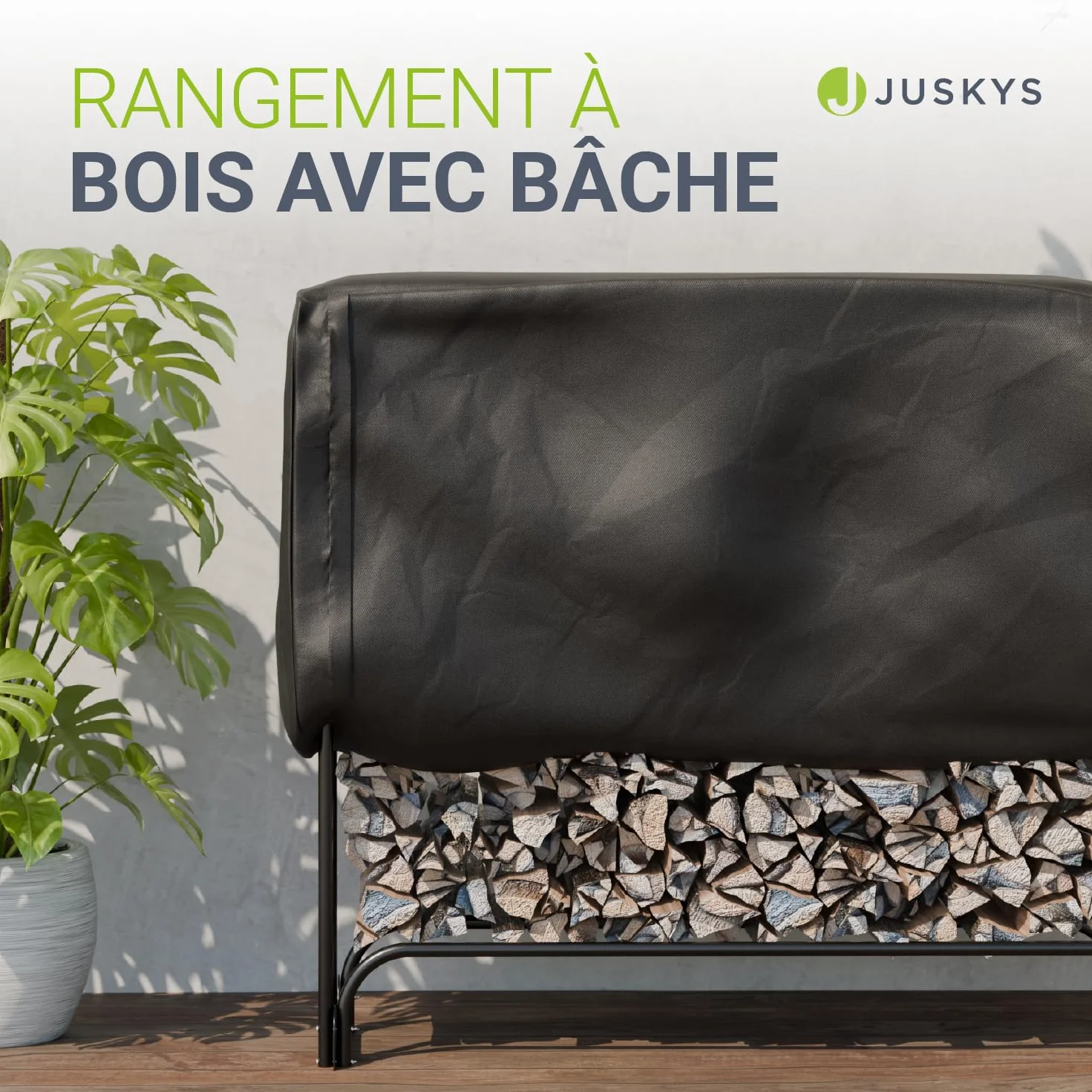 Juskys range-bûches L 260 x 117 x 36 cm noir support à bois de chauffage en acier avec housse Oxford abri à bois extérieur charge 300 kg