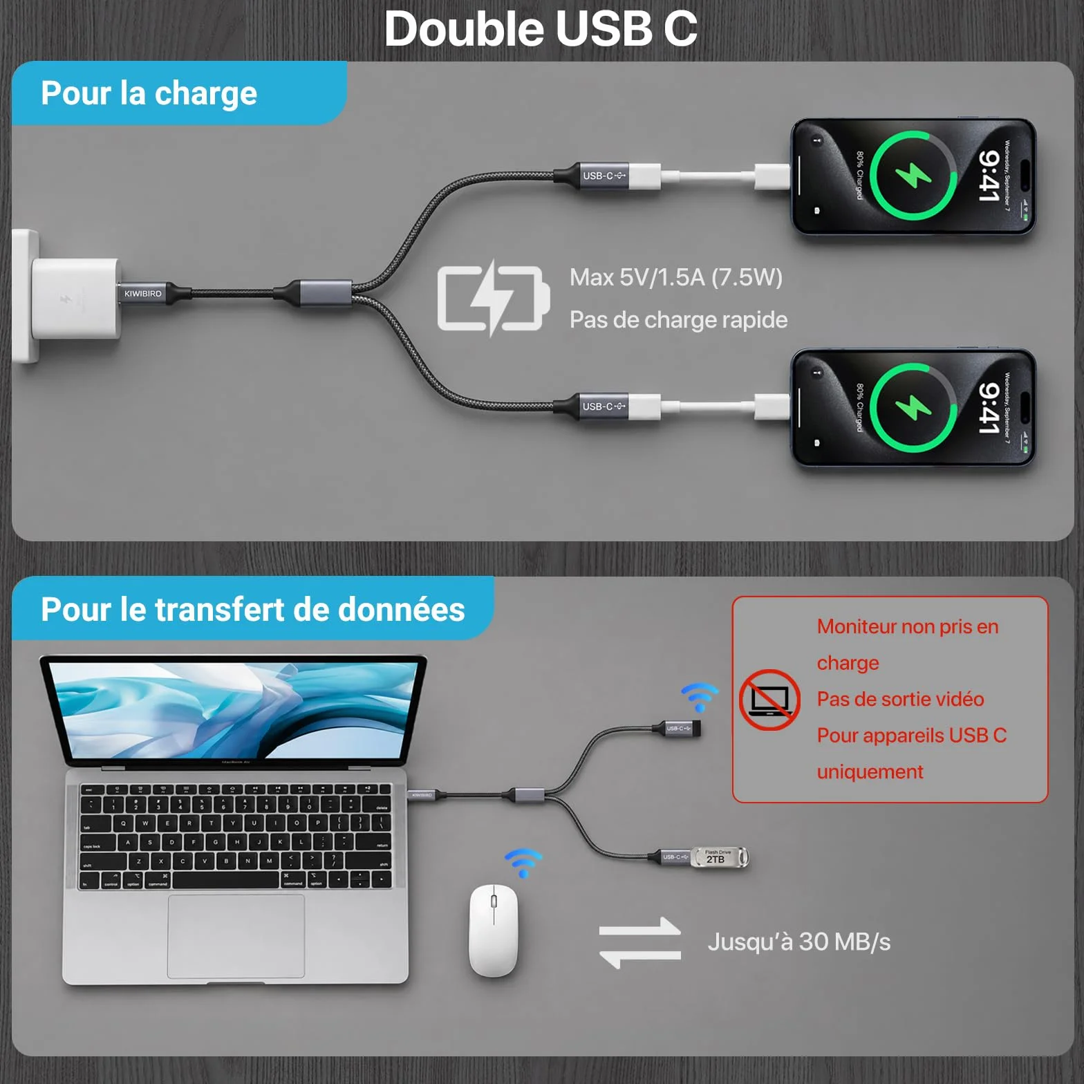 Adaptateur Double USB C mâle vers femelle KiwiBird pour charge données ordinateur portable Mac