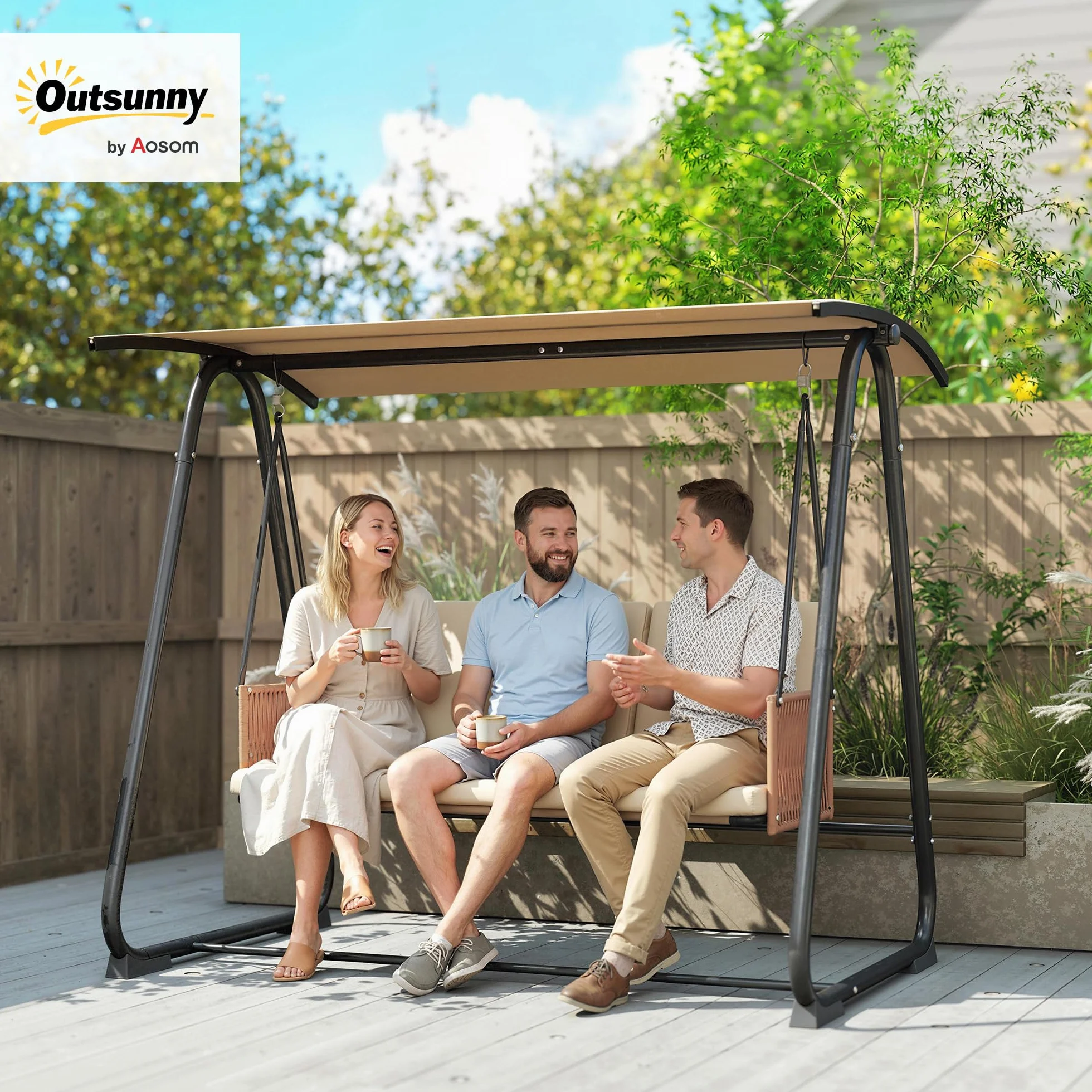 Outsunny Balancelle de Jardin 3 Places Toit Réglable UPF 30+ Acier 360kg Coussin 7cm Banc Suspendu Extérieur Terrasse Sable