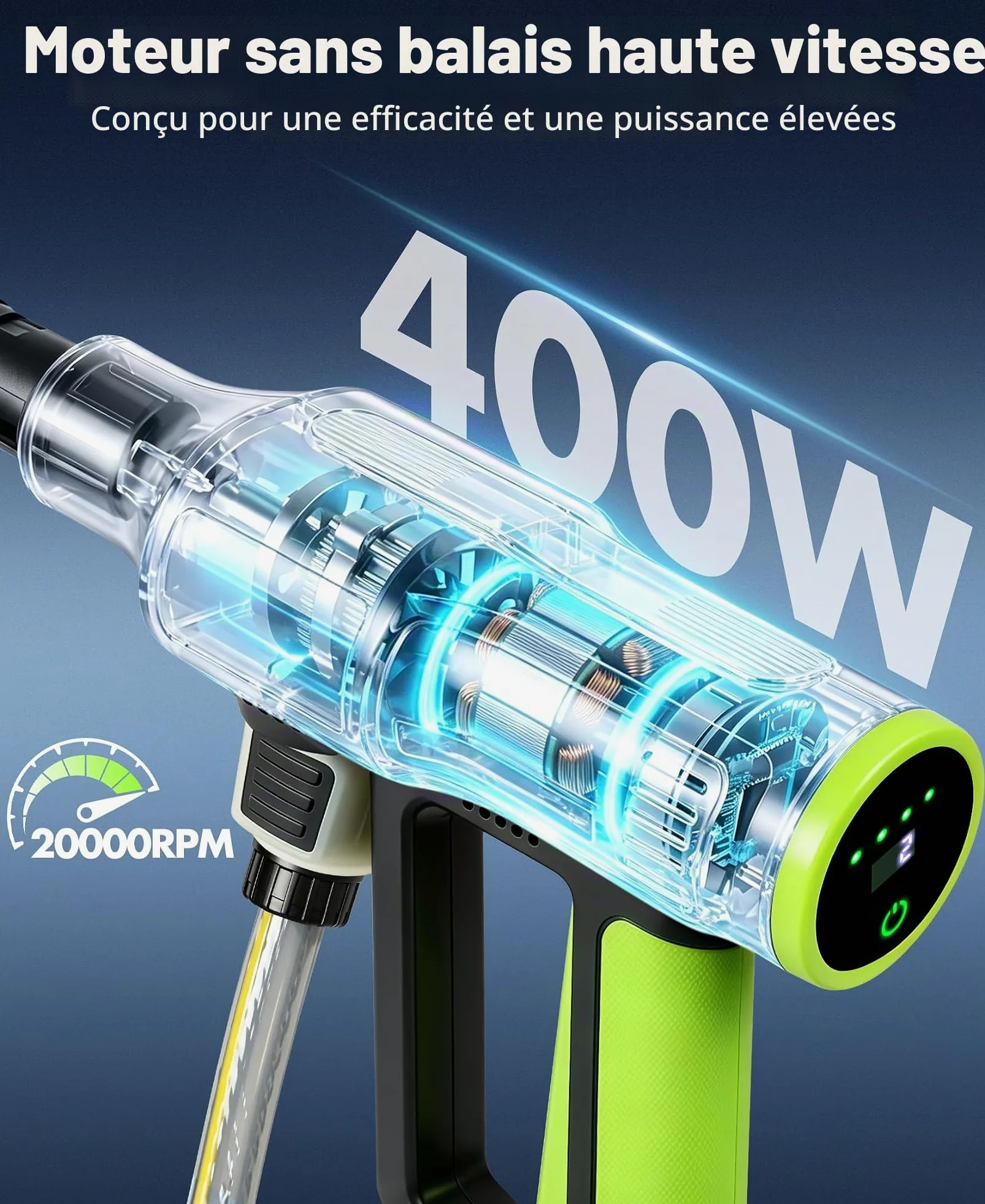 Nettoyeur Haute Pression Batterie, sans Balais Nettoyeur Haute Pression | 50Bar Portable Nettoyeur Haute Pression avec Réglage la Puissance à 4 Niveaux & Écran LCD,6-en-1 Buse Pistolet Haute Pression