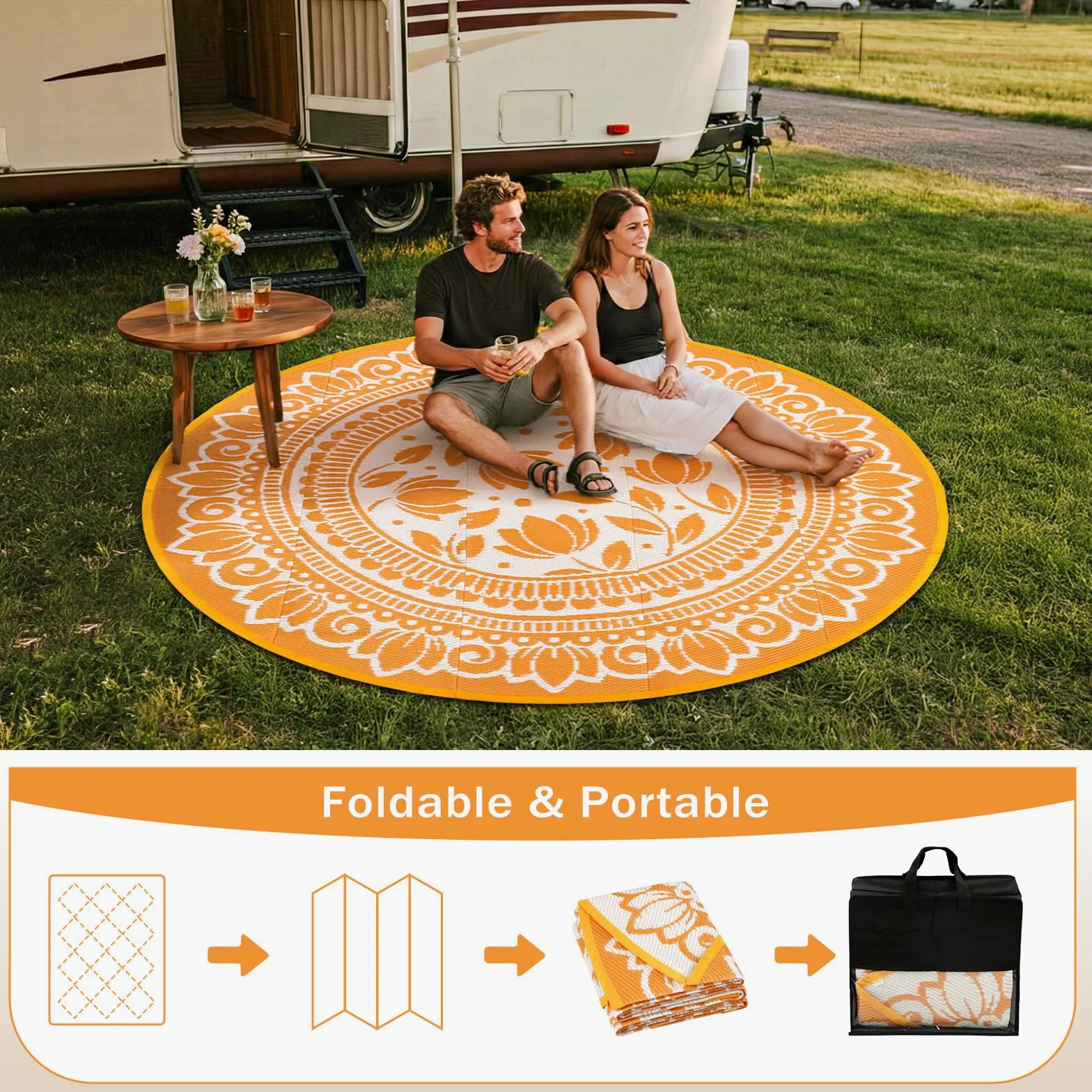 Tapis d'extérieur rond, noir, 180 cm, style bohème, résistant aux intempéries, réversible, en plastique, résistant aux UV, pour camping-car, camping, terrasse, plage, jardin, pique-nique