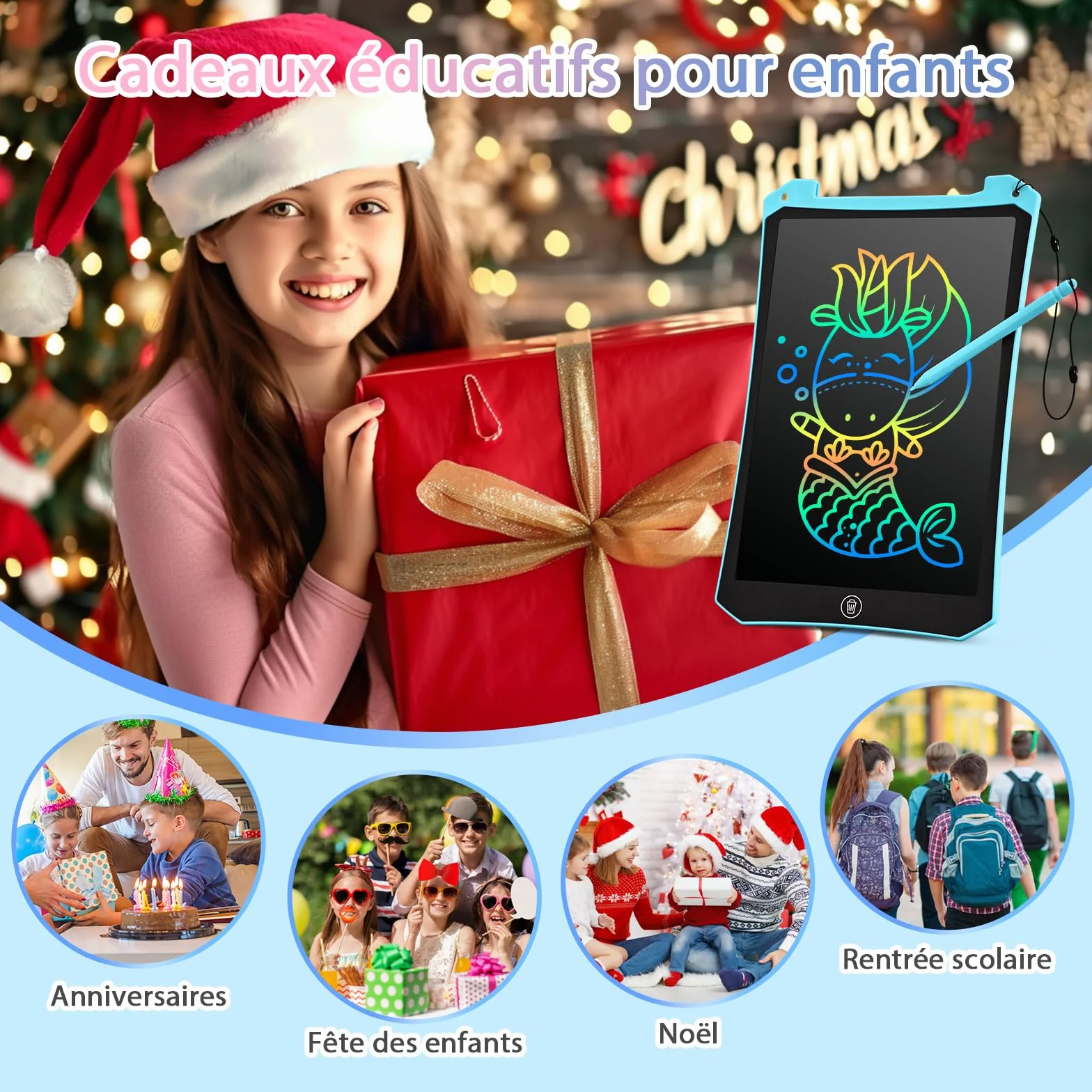 BlueSwan Tablette Magique Enfant 10 Pouces LCD, Jouet Voyage Avion Voiture, Cadeau Rentrée Anniversaire Noël (Bleu+Rose)