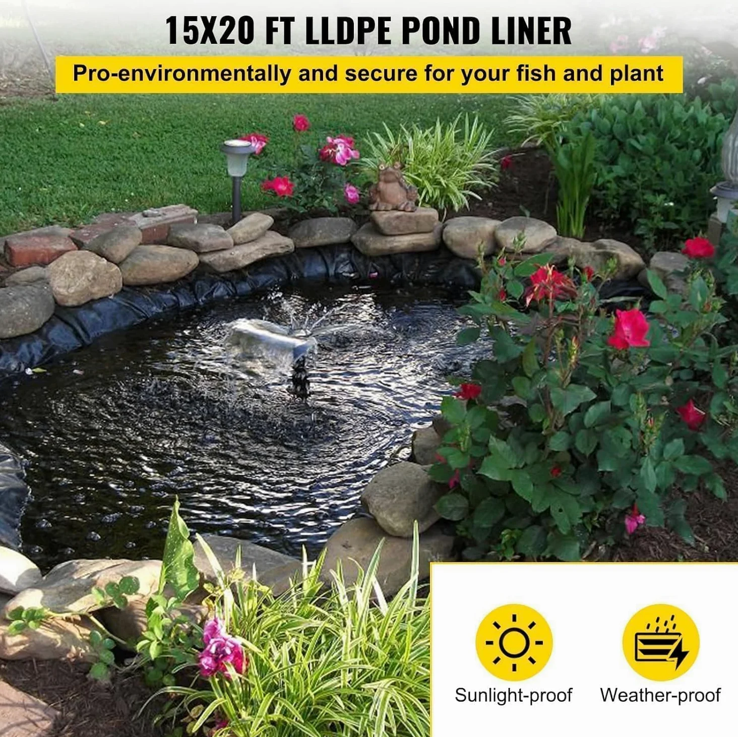 Garvee Bâche de Bassin pour Jardin – LLDPE Robuste, 20 Mil, Protection UV, Flexible, Haute résistance à la déchirure, idéale Poissons, koï, Cascades, fontaines – Taille 4,57m x 6,1m