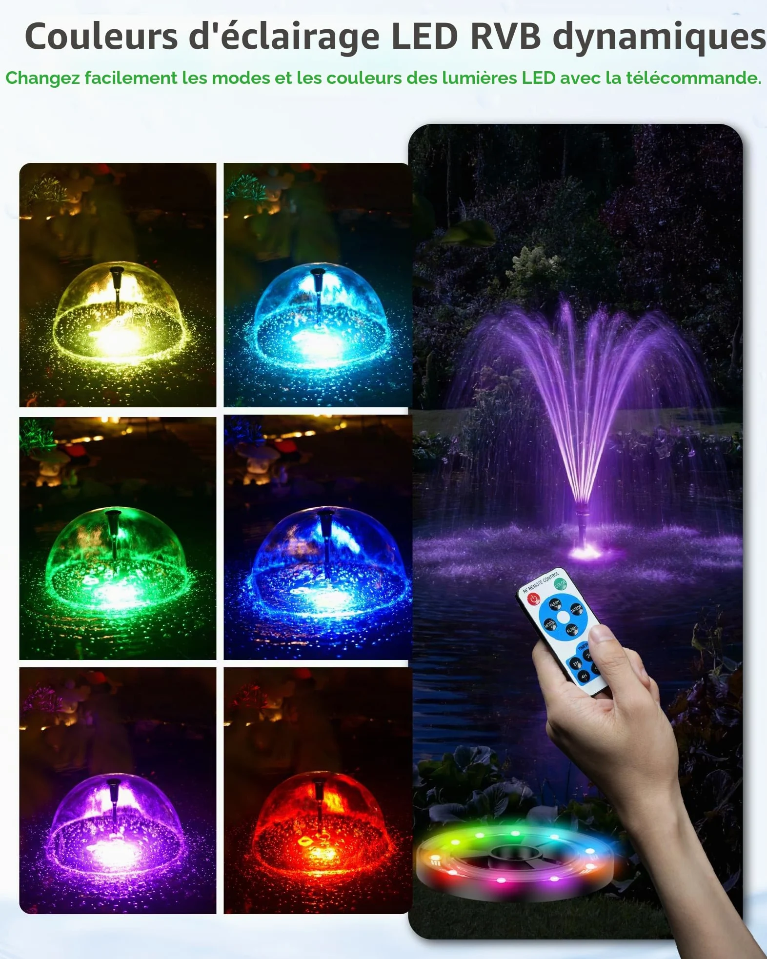 POPOSOAP Fontaine de Bassin Solaire avec lumières RGB - Pompe Submersible 40W, débit 2100L/h, Hauteur et débit réglables pour décoration Jour & Nuit et amélioration de la qualité de l’Eau