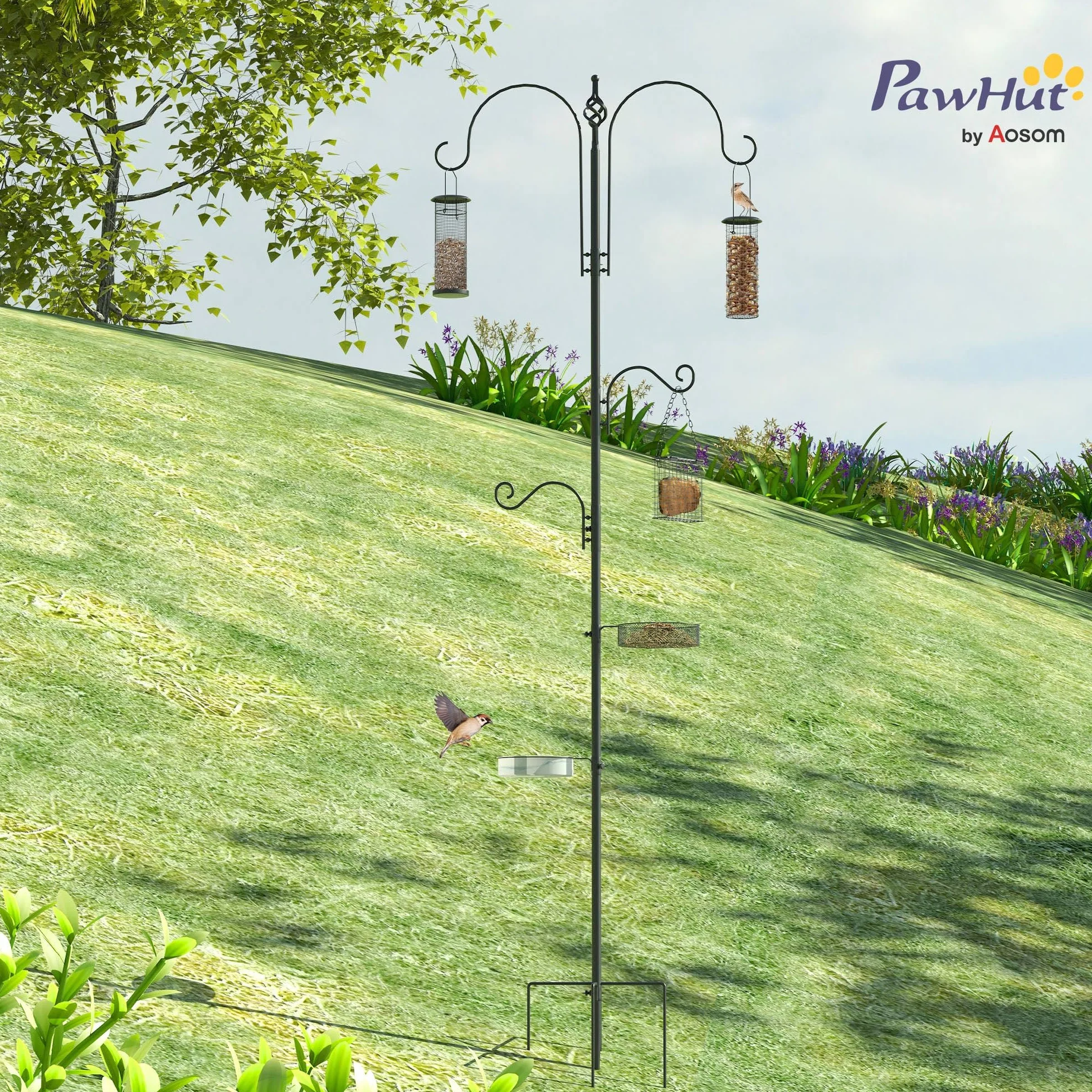 PawHut Station d'alimentation pour Oiseaux en Acier avec 4 Crochets, Mangeoir sur Pied 208H cm, Noir