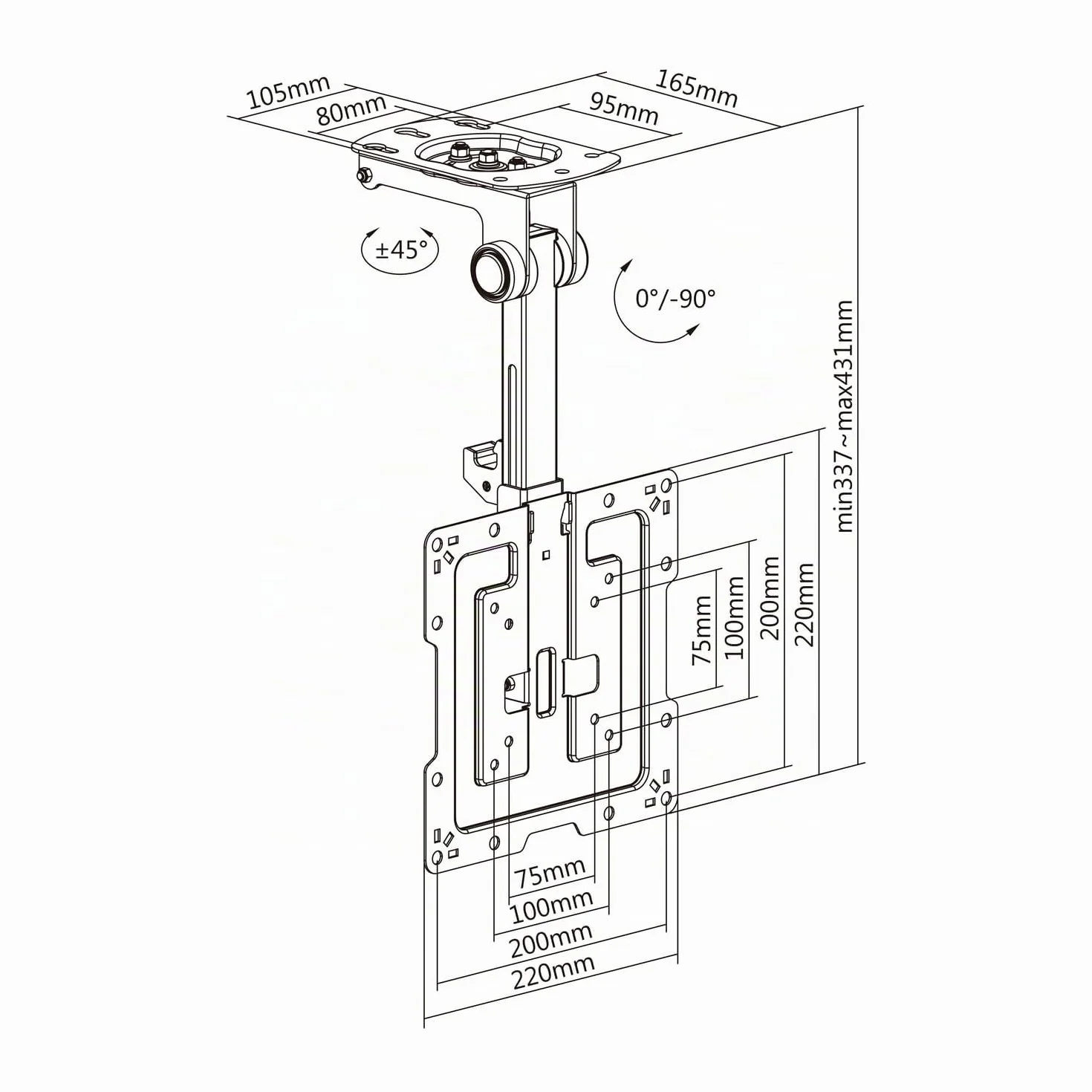 AISENS CT43S-187 Support de Plafond Pivotant Pliable pour Moniteur/Télévision 20 kg 19-43 Noir