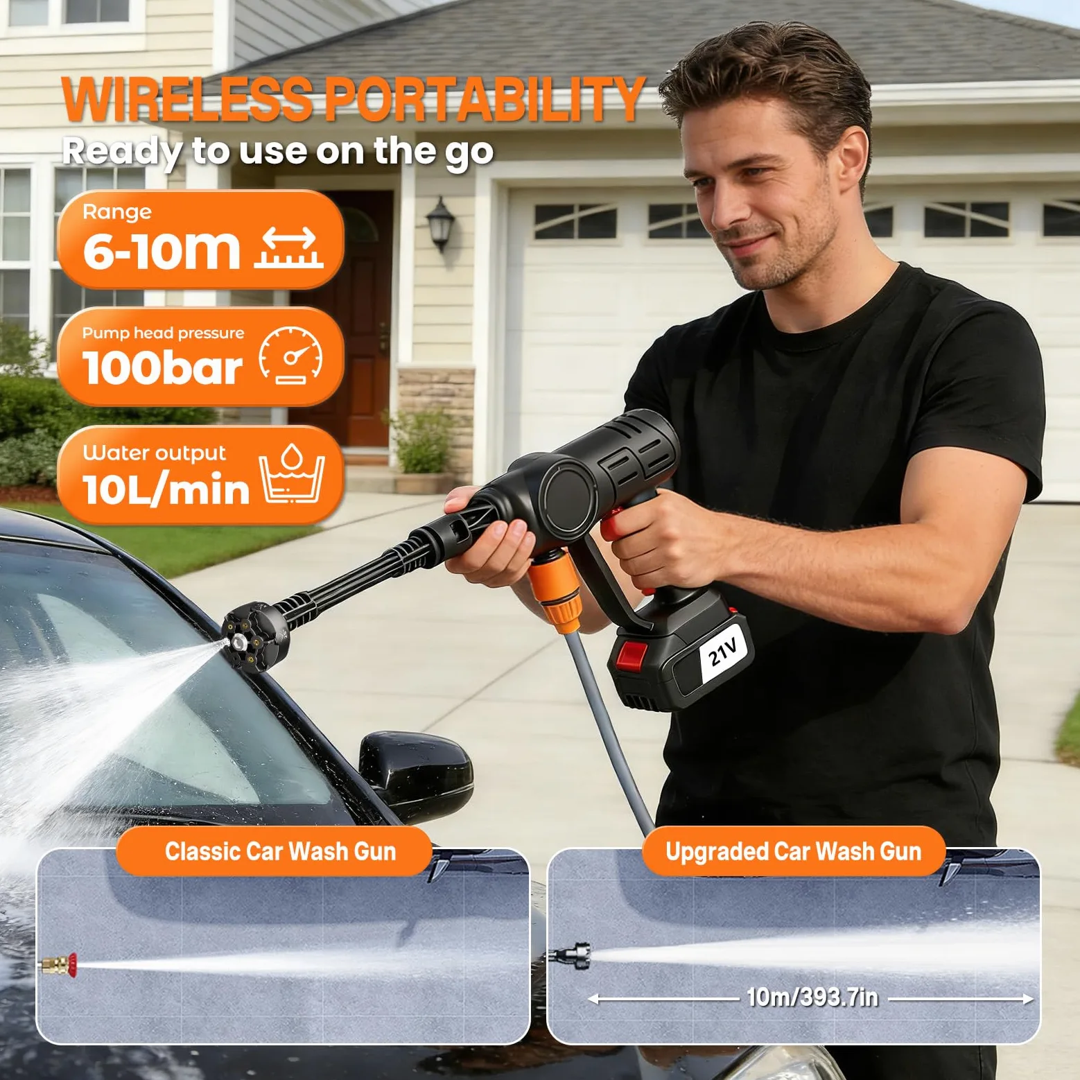 auvstar Nettoyeur Haute Pression sans Fil,Buse Réglable 6 en 1 Tuyau 10 M | Pistolet Nettoyeur Haute Pression Portable,Pistolet Haute Pression avec 2 Batteries pour Nettoyer Les Voitures, Sols
