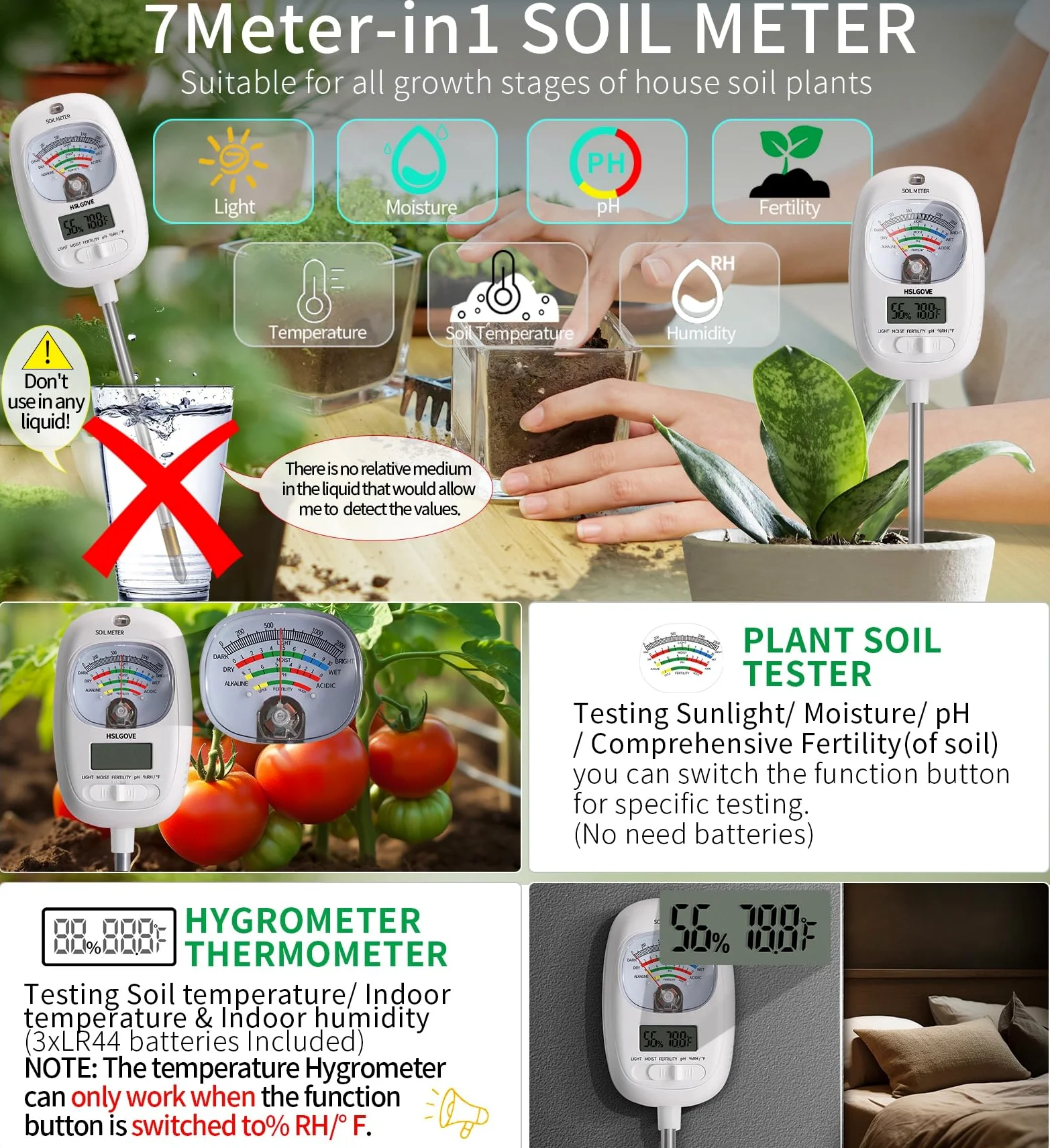 HSLGOVE Kit de test de sol, testeur d'humidité du sol 7 en 1, testeur de pH du sol, testeur de sol double écran avec température numérique du sol/température de l'air et humidité pour plantes