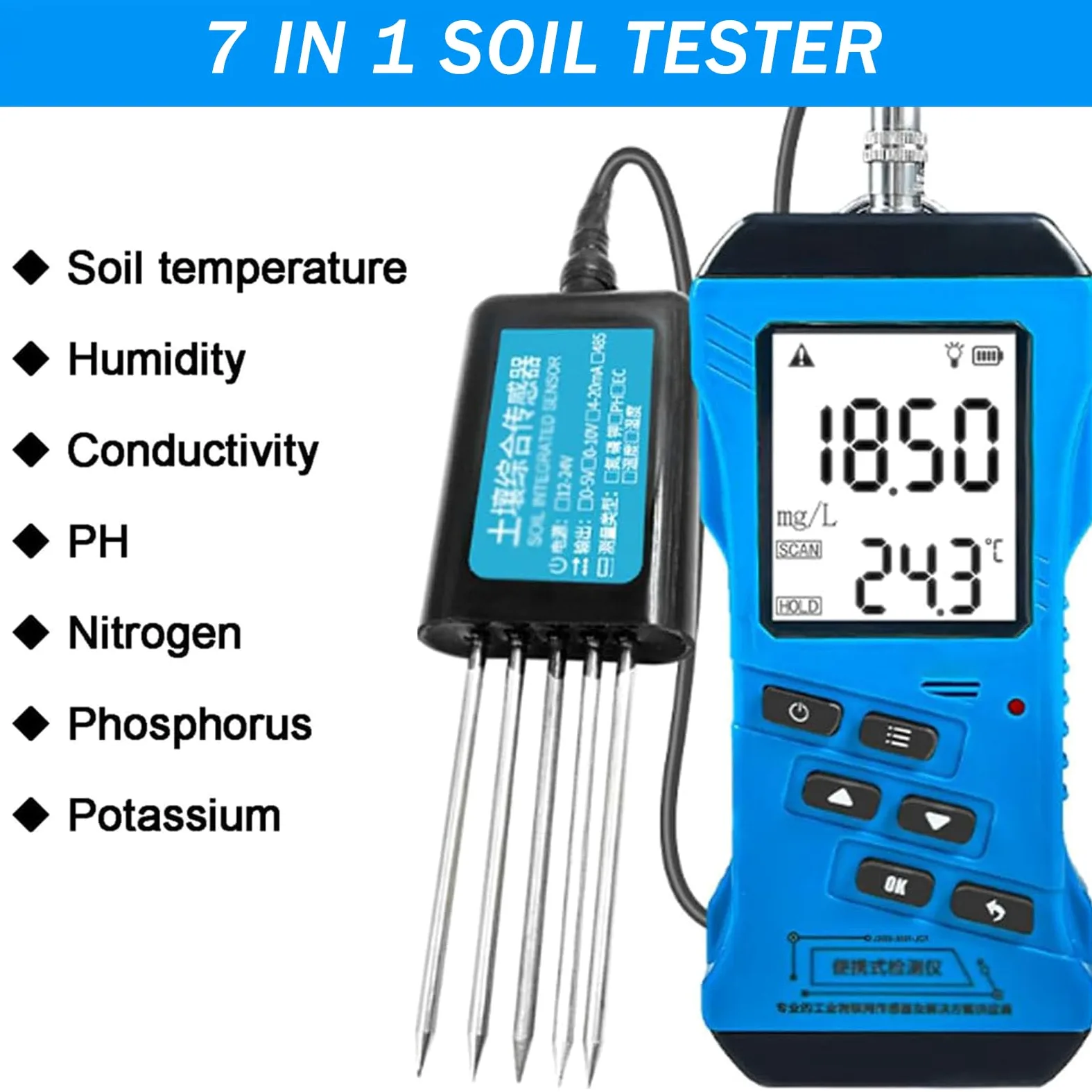 Testeur de pH du Sol numérique Professionnel avec Fonction d;humidité de Haute précision, écran LCD rétroéclairé 7 en 1 pour l;Analyse de l;Azote, du phosphore, du Potassium