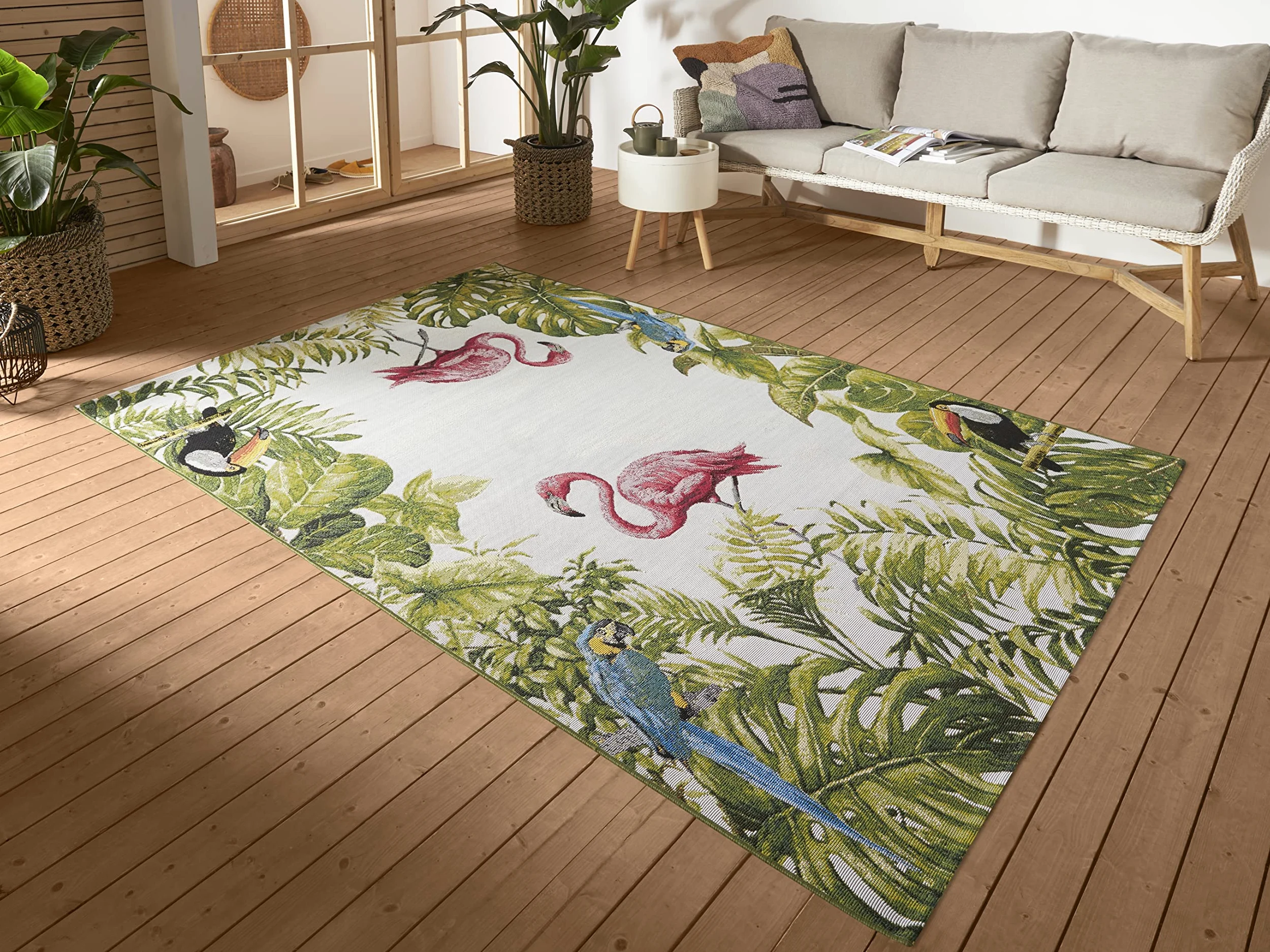 HANSE Home Tropical Birds Tapis d'intérieur et d'extérieur - Tissu Plat - Design Flamant Rose - Résistant aux intempéries et aux UV - pour Balcon, terrasse, Jardin, Salon - Coloré, 120 x 180 cm