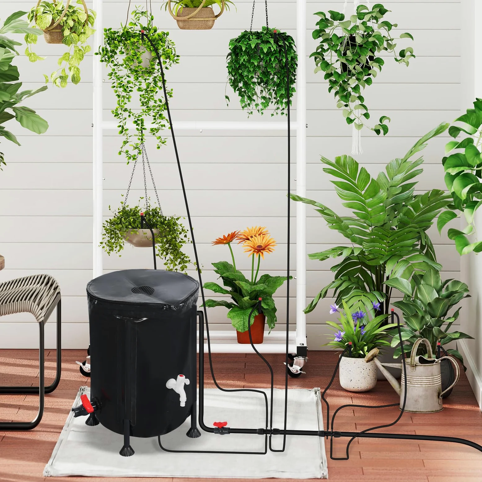 Système d'arrosage automatique, 50 l, pompe à eau 25 W, capteur d'eau basse et 8 buses goutte-à-goutte, système d'arrosage de jardin pour intérieur, pelouse, serre, cour