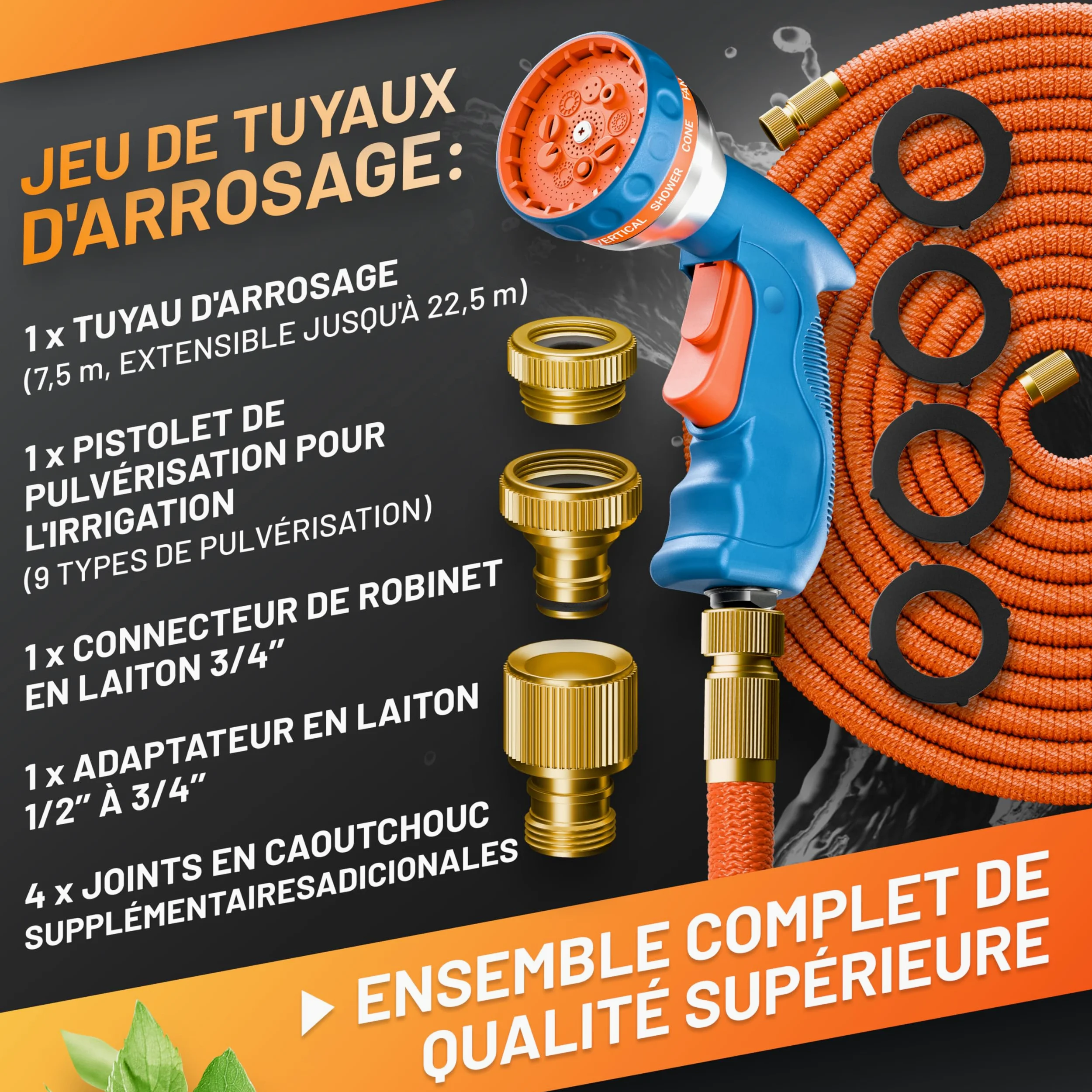 GRÜNTEK Tuyau d'Arrosage Extensible Retractable 22M. Tuyau Extensible | Tuyau extensible 7,5-22,5 m - Pistolet 10 jets - Connecteurs laiton - Anti-déchirure - Garantie 90 jours
