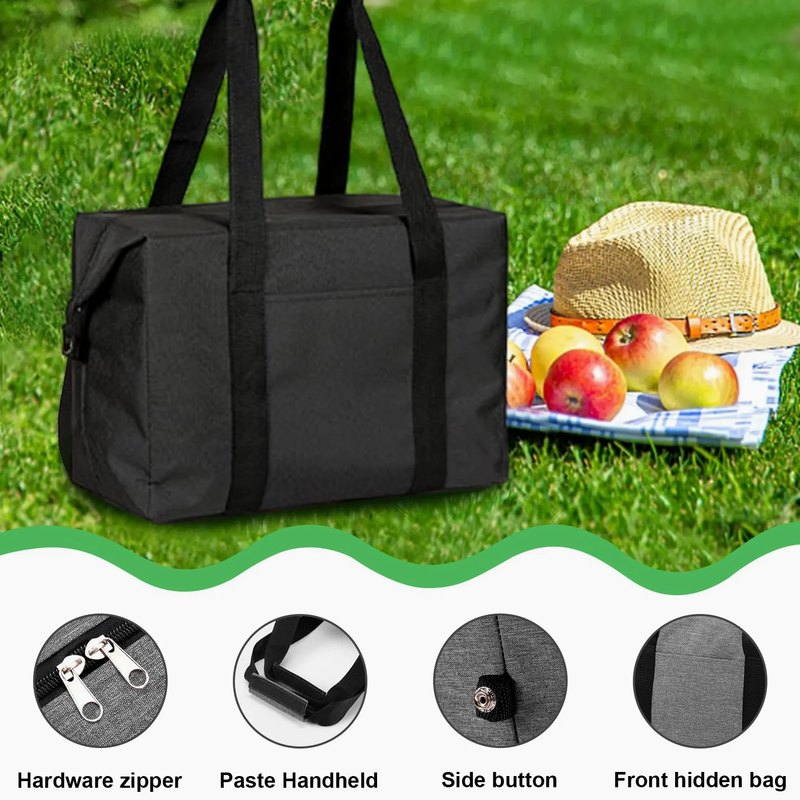20L Sac Isotherme Course Pliable et Étanche, Grand Sac de Plage Isotherme avec Doublure Rigide, Portable Glaciere Souple Isotherme pour Repas Travail, Pique-nique, Lunch, Camping & BBQ - Noir