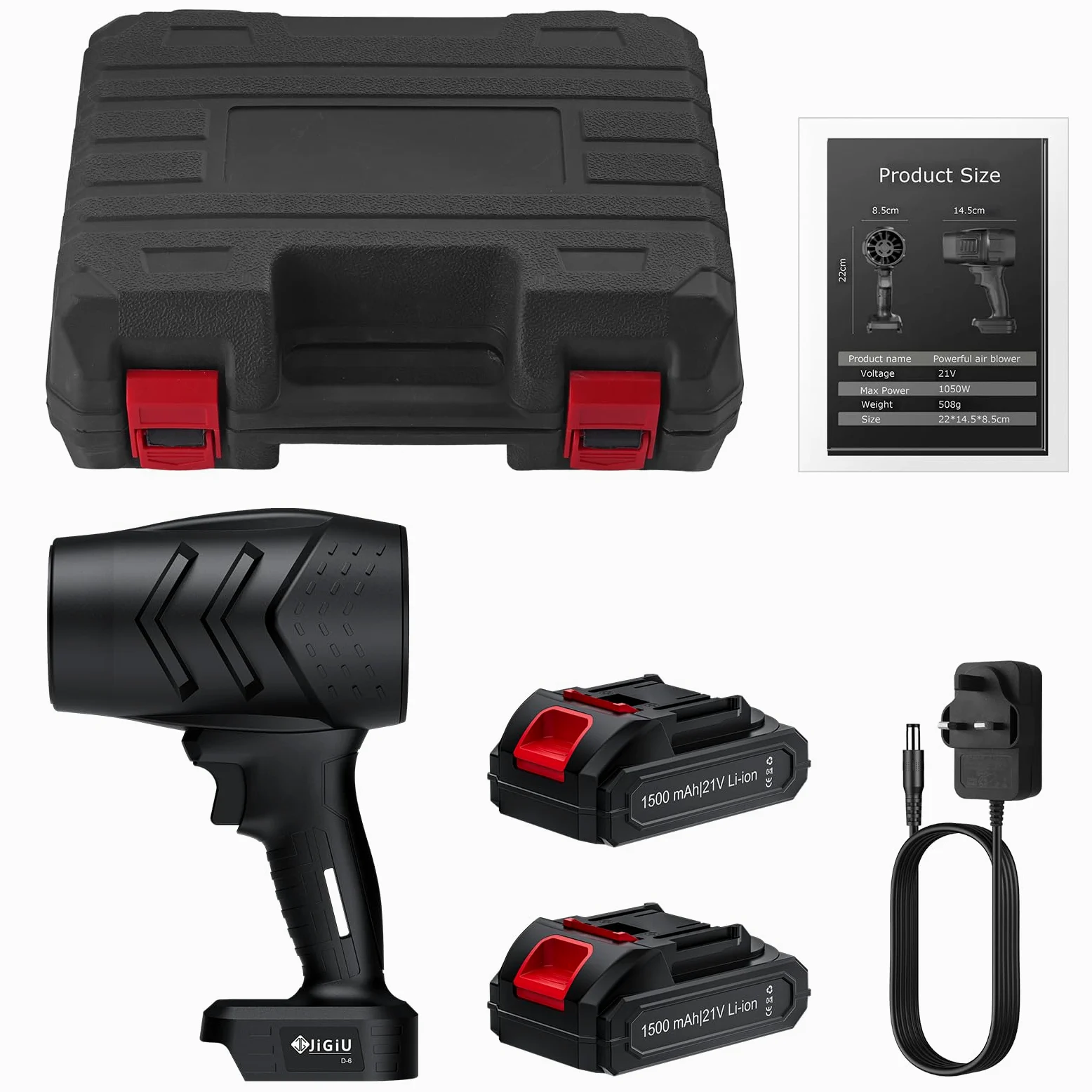 JiGiU Souffleur de Feuilles sans Fil 21V 26000 RPM | Mini Souffleur Portable pour Nettoyage Voiture, Terrasse, Garage, Jardin – Léger avec 2 Batteries Rechargeables