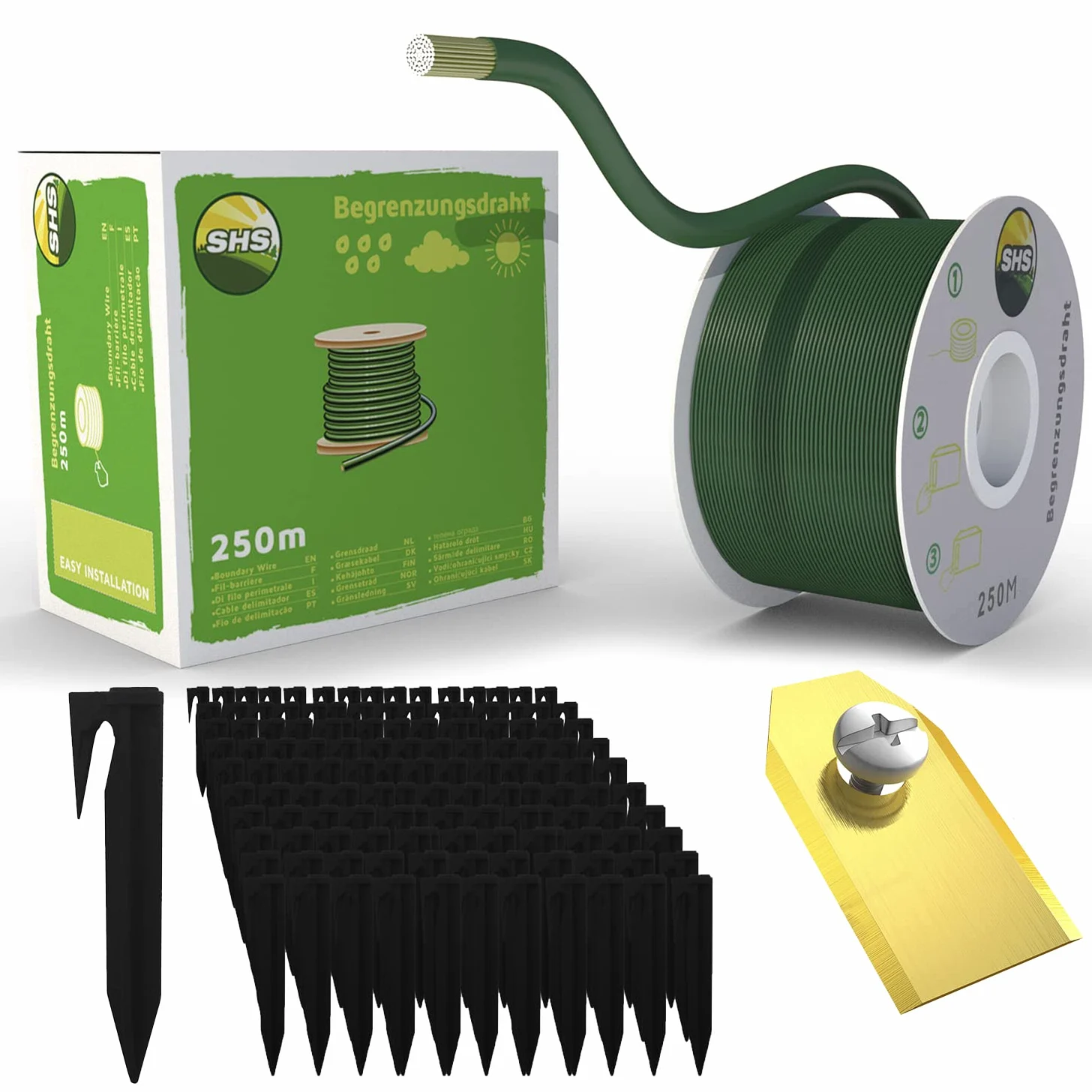 Câble de délimitation de 250 m + 750 piquets + 30 Lames pour Tondeuse Robot Tondeuse à Gazon - Kit d'accessoires de Fil de délimitation pour câble de Recherche - Compatible avec Gardena Husqvarna