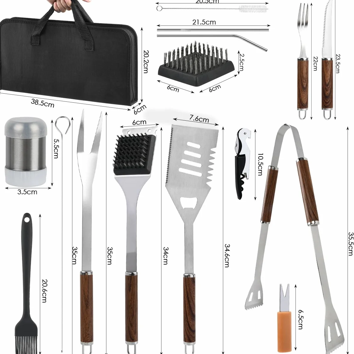 Kit Barbecue Ustensiles 38 Pièces Inoxydable avec Sac Noir