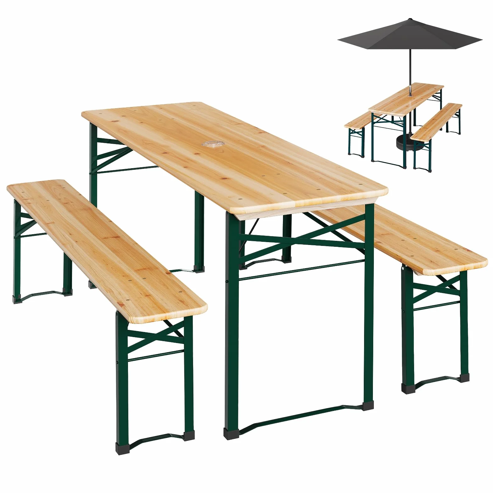 WOLTU Ensemble de Table et Banc de Brasserie 3 Pièces Table Pliante Extérieure avec 2 Bancs Pliables en Bois et Métal