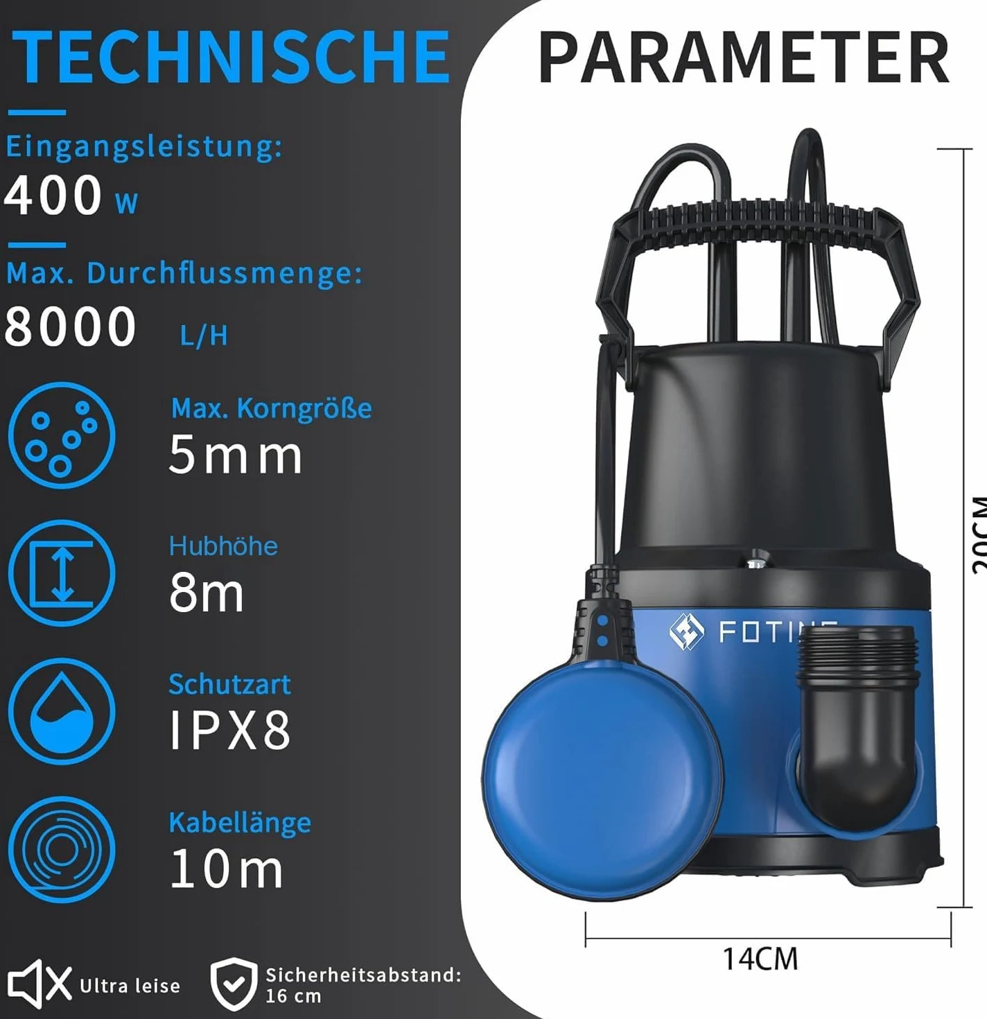 FOTING Pompe submersible 400 W, 8000 l/h, hauteur d'extraction maximale 8 m, profondeur d'immersion maximale 7 m, interrupteur à flotteur réglable, protection thermique, pour piscine, sous-sol