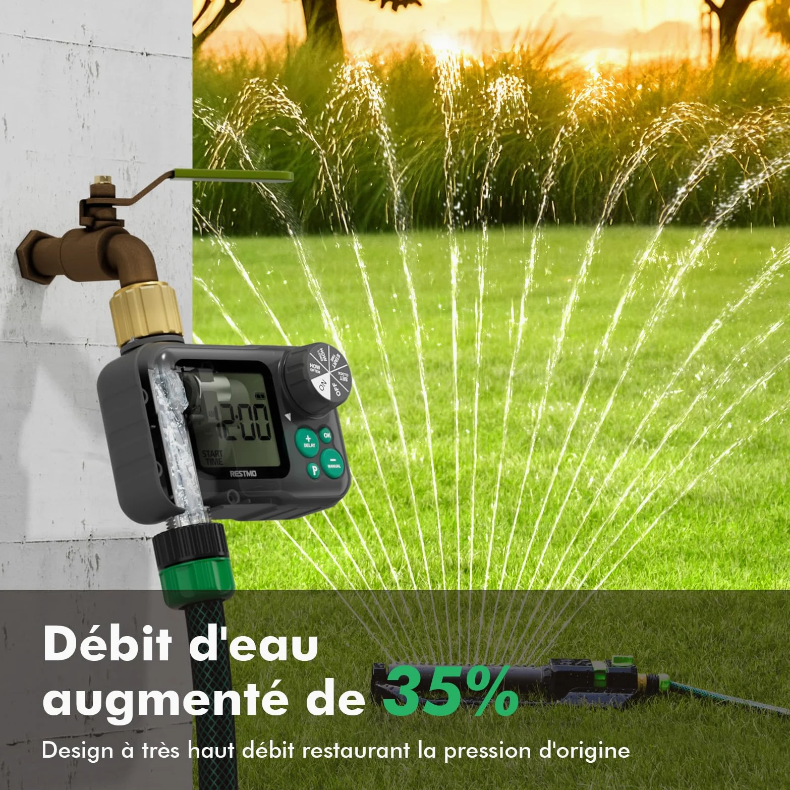 RESTMO Programmateur arrosage 1 Zone avec Puce RF intégrée et télécommande | Entrée et sortie en laiton, mode automatique/manuel/retardateur pluie, convient aux robinets extérieurs