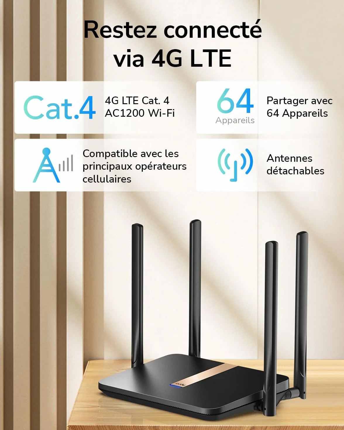 Cudy LT500D AC1200 Modem Routeur 4G LTE Débloqué Wi-Fi Maillé 1200 Mbps Antennes SMA VPN Cloudflare