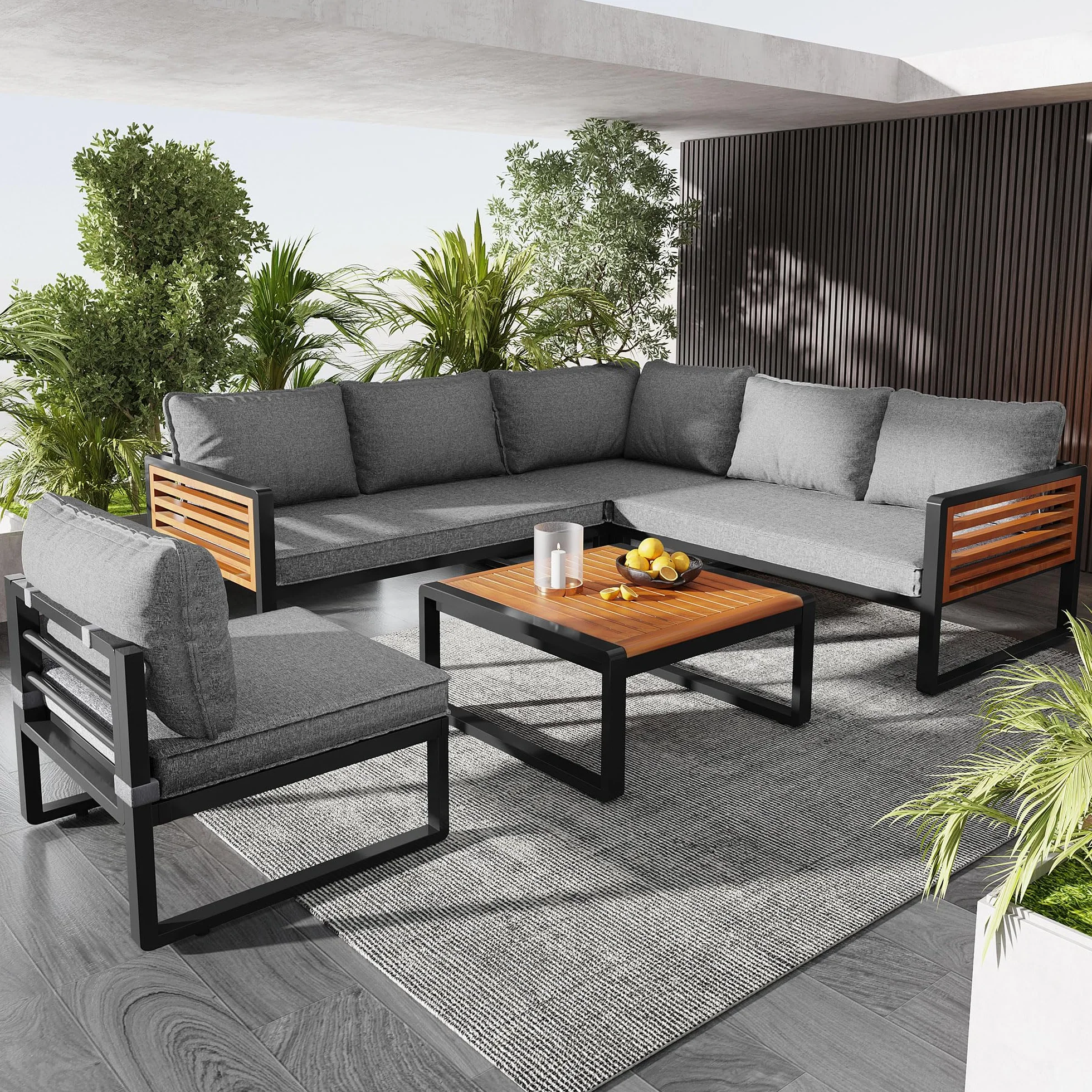 Ensemble Salon de Jardin Exterieur 5-6 Places, Mobilier de Jardin en Métal avec Structure en Fer Zinc et Accoudoirs en Bois, Canapé d'angle Modulable, Table Basse en Bois Massif