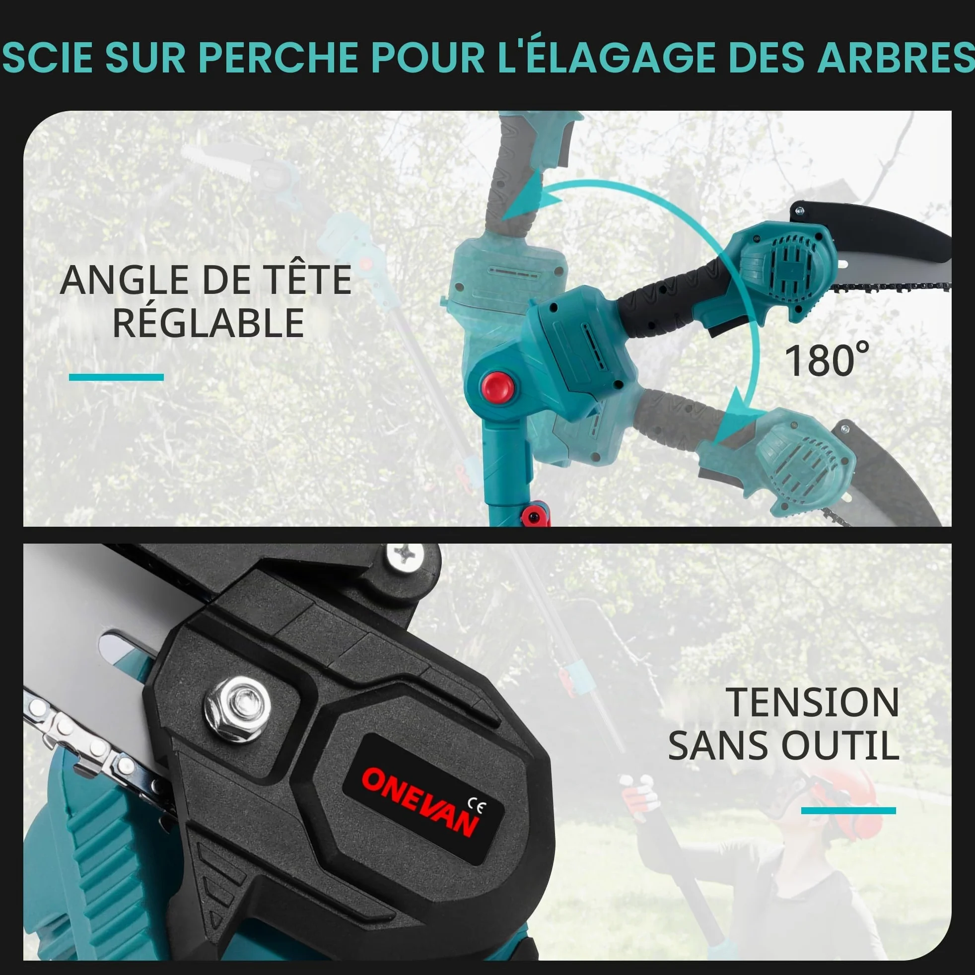 ONEVAN Élagueuse sur Perche Télescopique sans Fil 4-en-1 avec 2 Batteries | 15cm Tronçonneuse, 25mm Sécateur, 2.6m Perche, 180° Tête pivotante, Moteur Brushless, SK5-Lames, Élagage en hauteur, Jardin