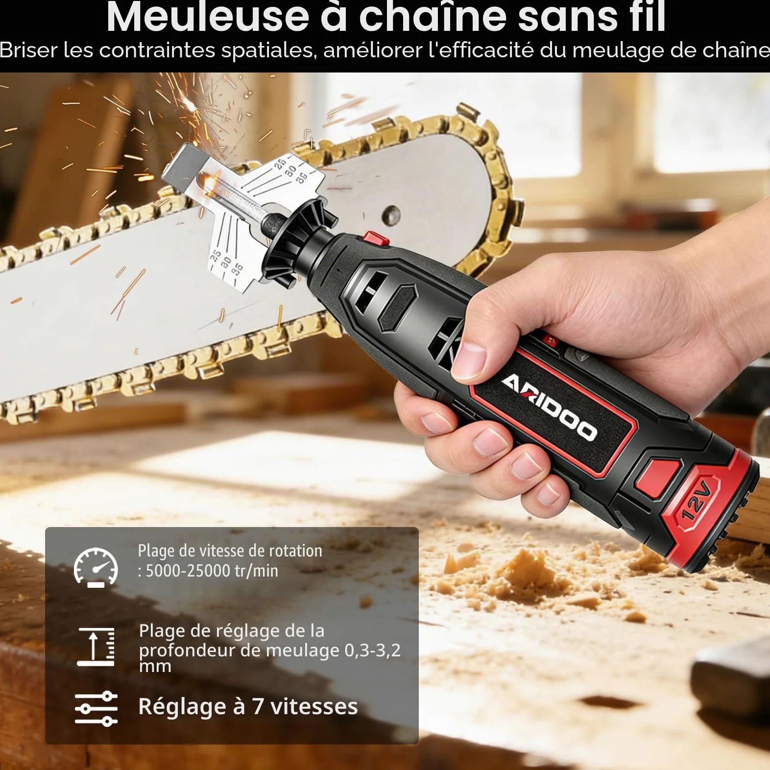 Kit d'affûtage électrique pour tronçonneuses, 2 batteries + chargeur. Outil à grande vitesse avec 20 têtes céramique & 20 meules diamantées, adapté à toutes les chaînes.