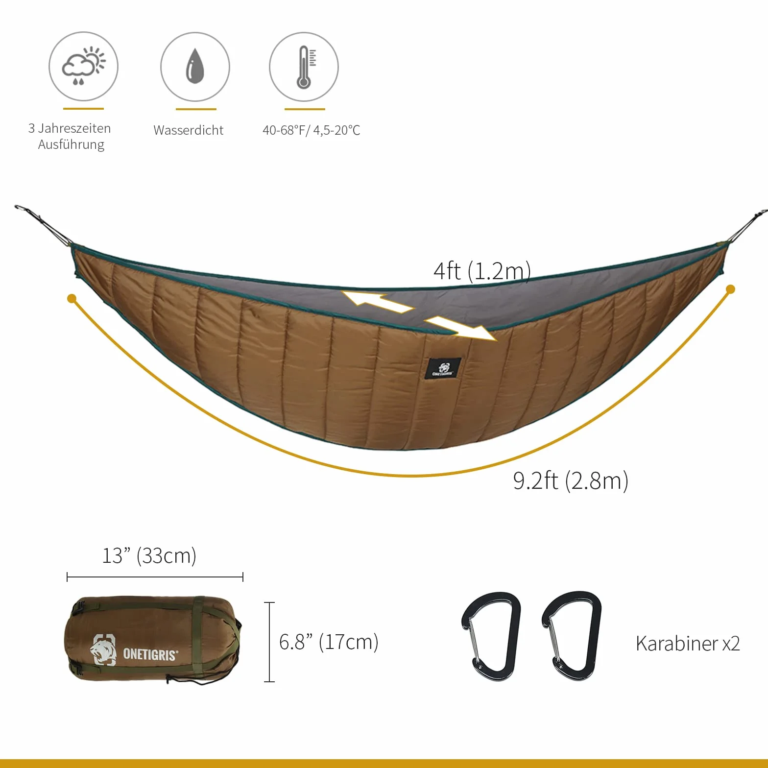 OneTigris Hideout Hamac Underquilt Isomats Underblanket pour hamacs sous-Couverture Thermique Ultraléger pour Outdoor Randonnée Camping 280x120cm(Coyote Marron)