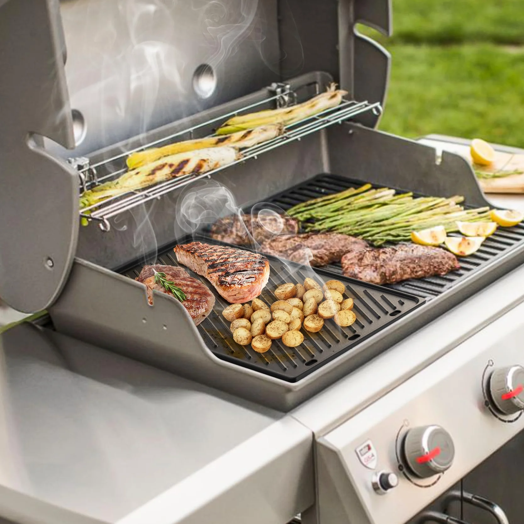 Weber Genesis 300 Plaque de Cuisson en Fonte Réversible 49 x 32 cm pour Barbecue à Gaz - Remplacement 7528