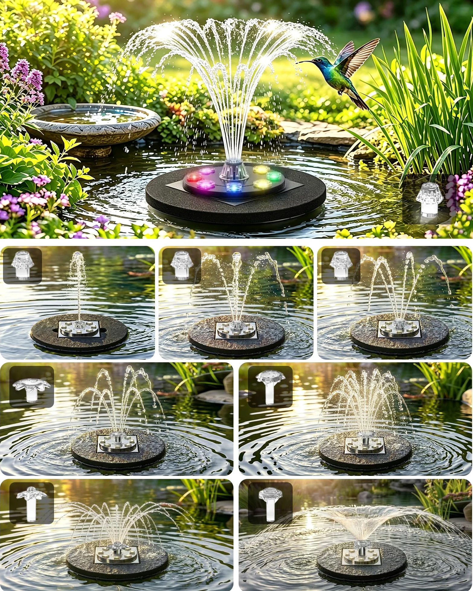 Pompe de bassin solaire 8W avec batterie 1800mAh – Fontaine solaire pour l’extérieur, idéale pour bain d’oiseau, petit bassin et jeu d’eau – 10 styles de jet et 8 LED colorées