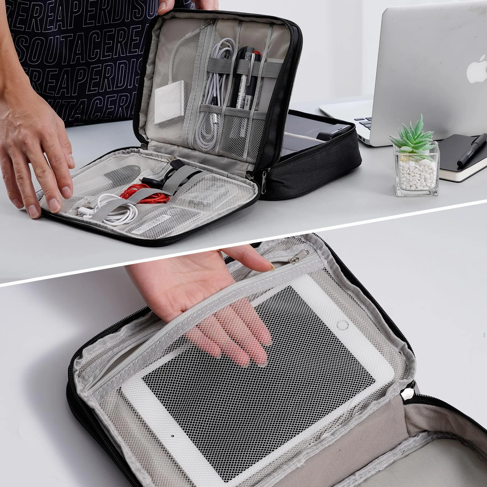 OrgaWise Sac Électronique Multifonctionnel Portable Étanche pour Tablette, Disque Dur, Chargeur (Noir, 3 Couches)