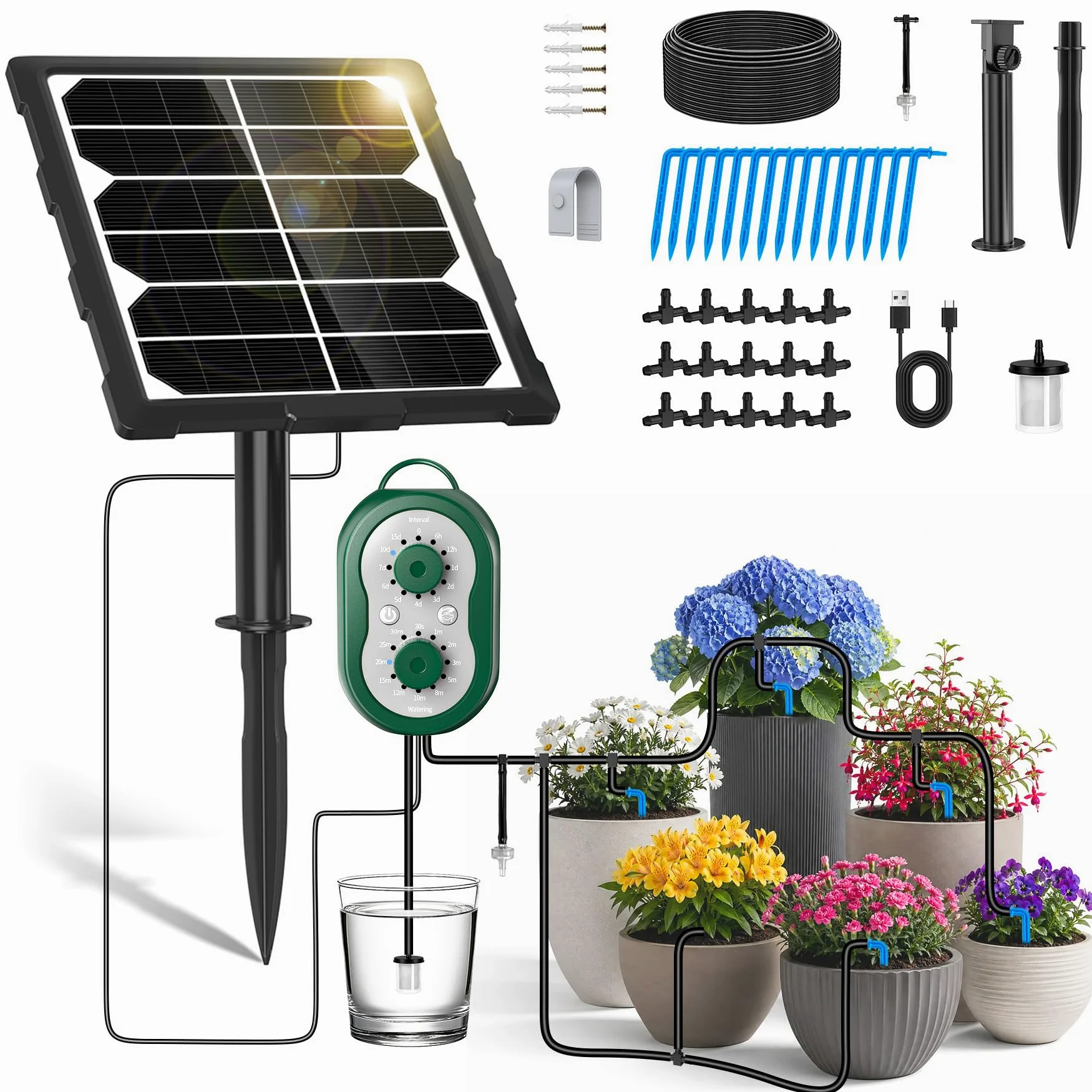 Kit Arrosage Automatique Solaire pour Jardin avec Contrôleur, 2200mAh Rechargeable Système D'irrigation Goutte à Goutte 132 Modes Arrosage Automatique pour Jardin, Balcon, Pelouse