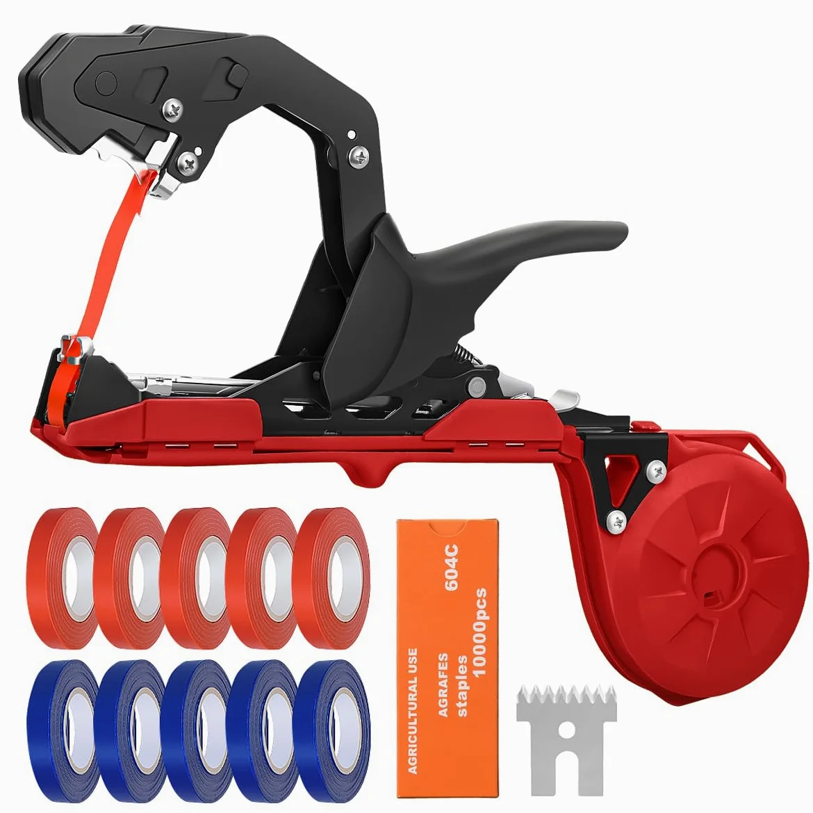 Machine à Nouer Les Plantes Professionnelle Attacheuse Rapide pour Tomates, Vignes, Concombres, Fleurs et Légumes – Idéale pour Jardiniers, avec Ruban et Agrafes Inclus, Rouge/Noir
