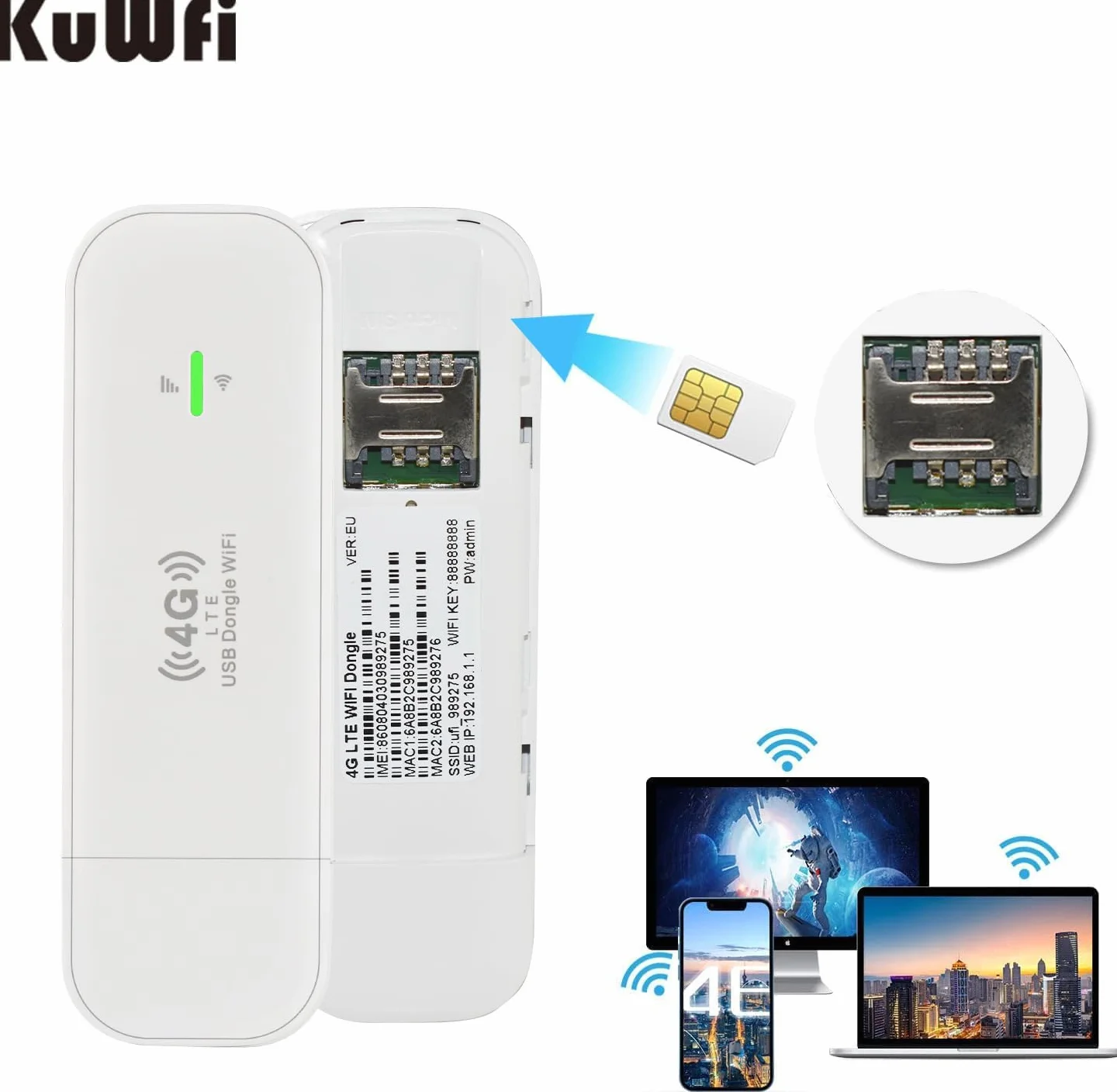 KuWFi Clé Internet 4G 150 Mbps, Modem USB LTE, Adaptateur Réseau