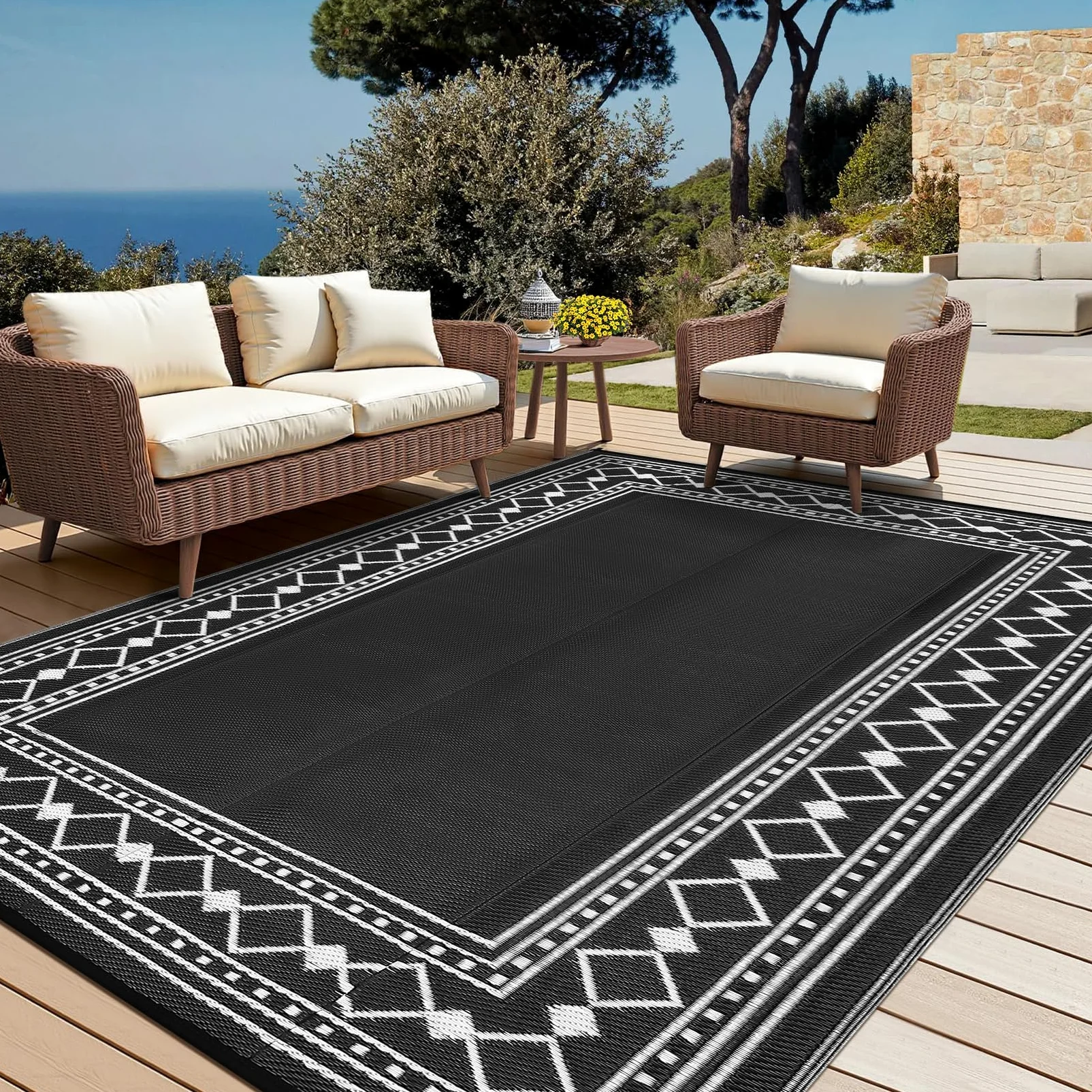 CAROMIO Grand tapis d'extérieur imperméable en paille en plastique, réversible, moderne, géométrique, pour terrasse, facile à nettoyer, tapis d'extérieur pour piscine, jardin, noir, 22,9 x 30,5 cm