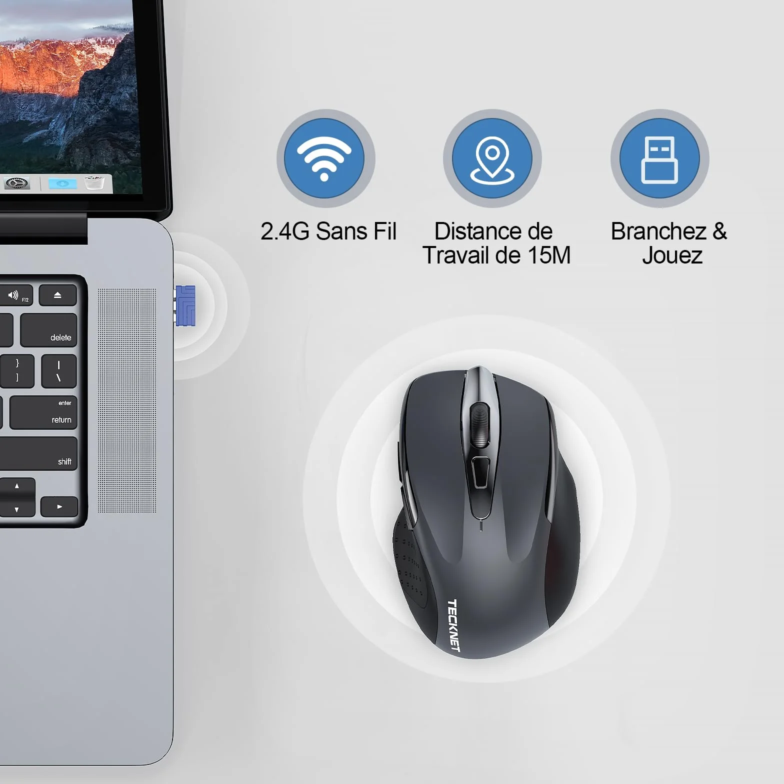 TECKNET Souris sans Fil Rechargeable Silencieuse 4800 DPI 6 Boutons Ergonomiques USB 2,4G Gris