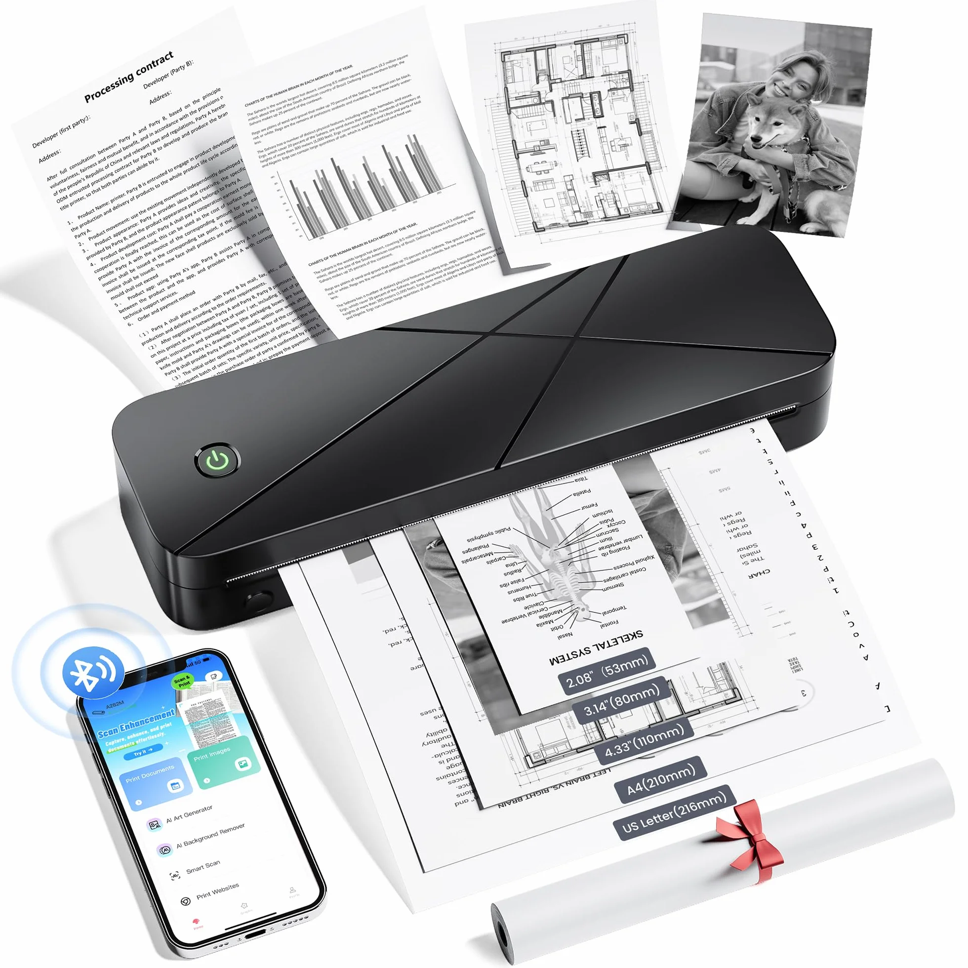 Imprimante Thermique Portable A4 Bluetooth 300 DPI Sans Encre 2600 mAh Compatible Papier A5/B5
