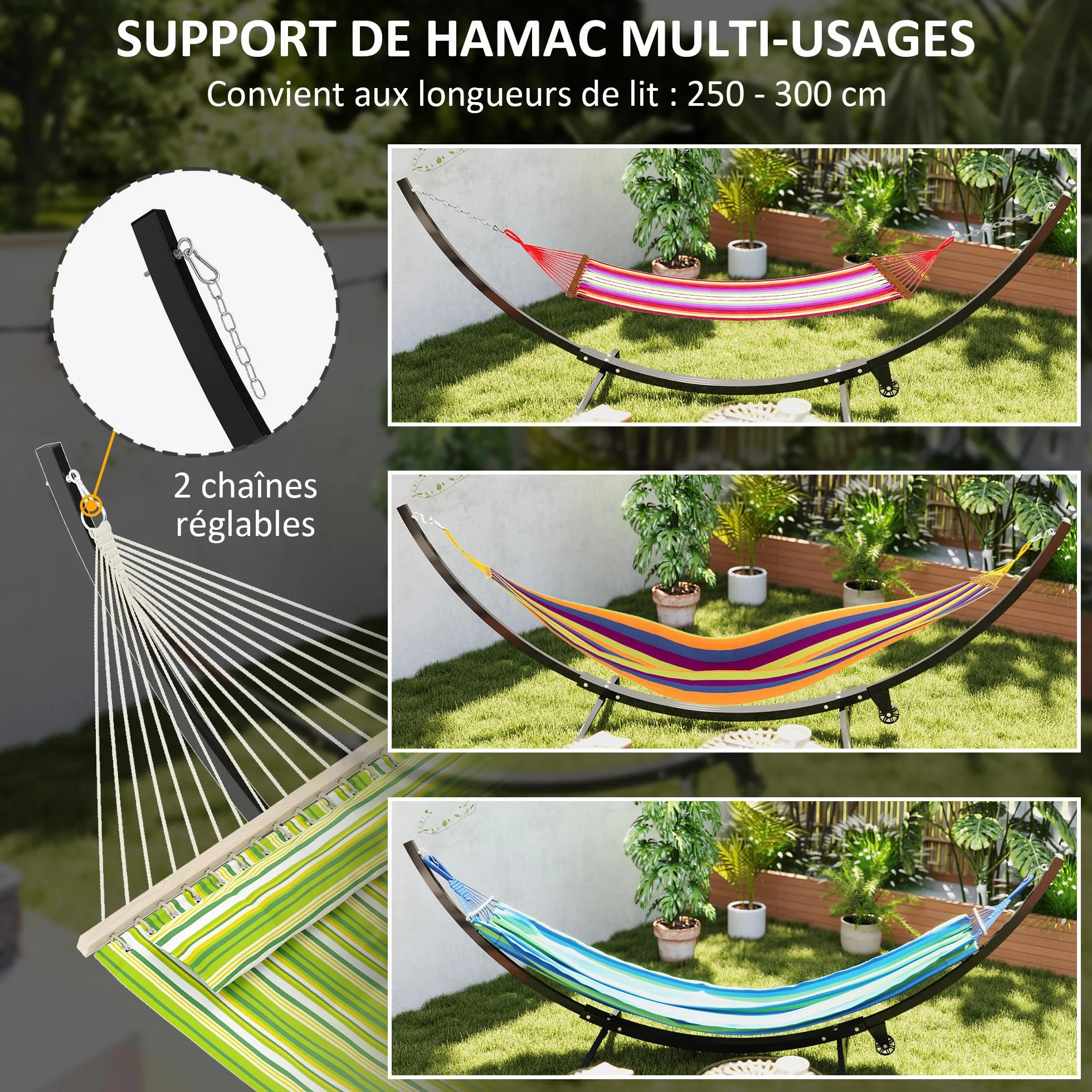 Outsunny Support de hamac en métal avec Roues, 150 kg, 337 x 118 x 118 cm Noir