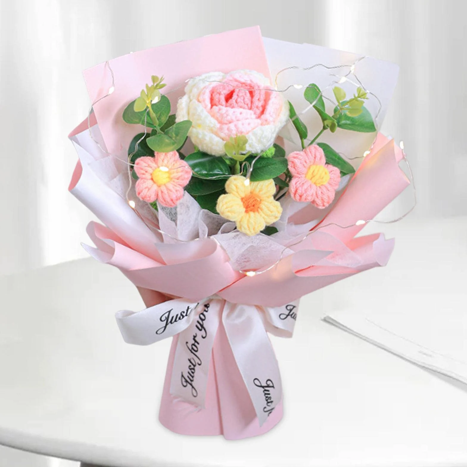 Bouquet de Fleurs Crochet Rose Tissé à la Main Polyvalent Ornement Tricoté Fête des Mères