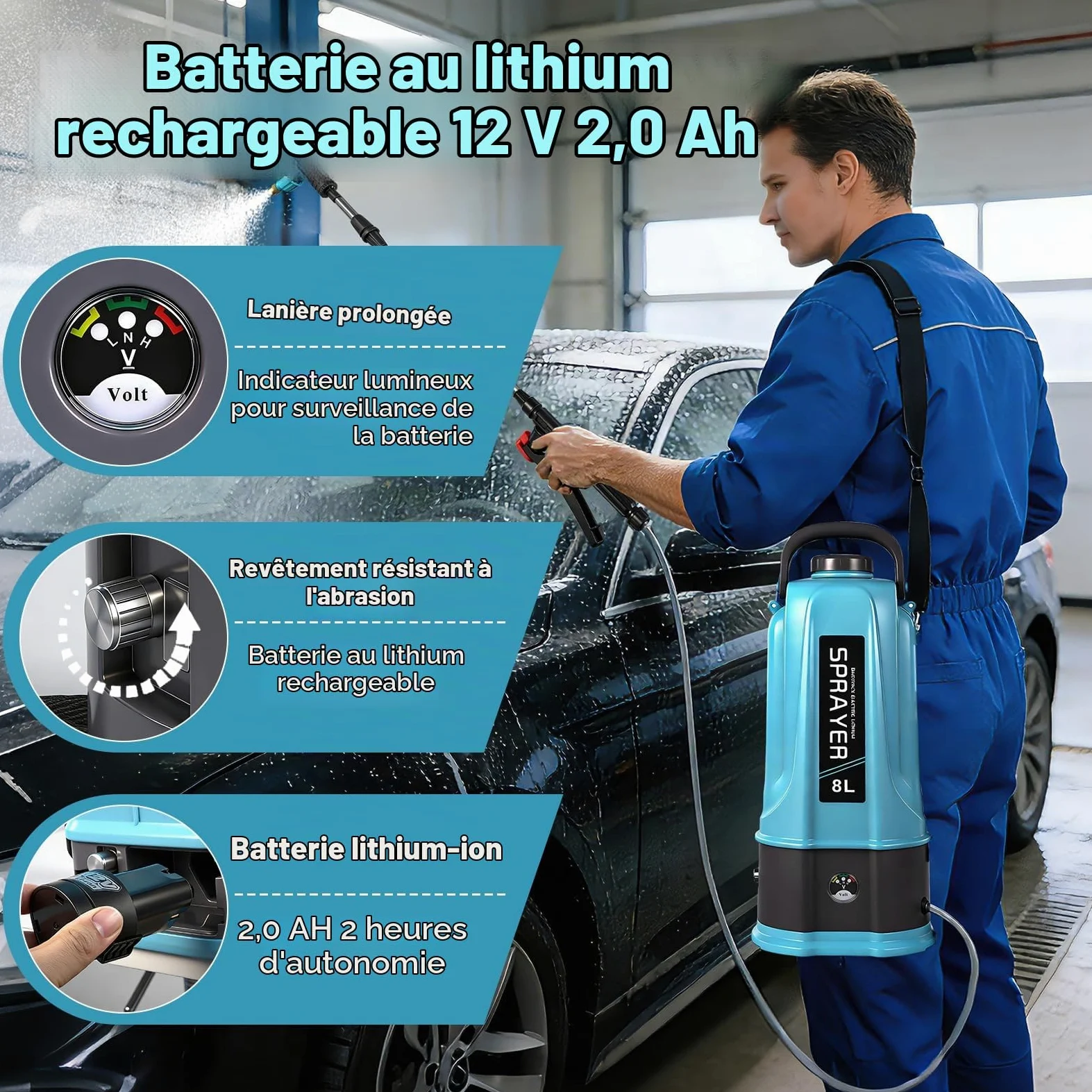 Pulverisateur Electrique 8L,45PSI Pulvérisateur de Jardin Compatible avec Makita 12V Batteries,Pulvérisateur à Batterie avec 5 Buses Reglables,Lance Télescopique,2.0 Ah Batterie,Chargeur