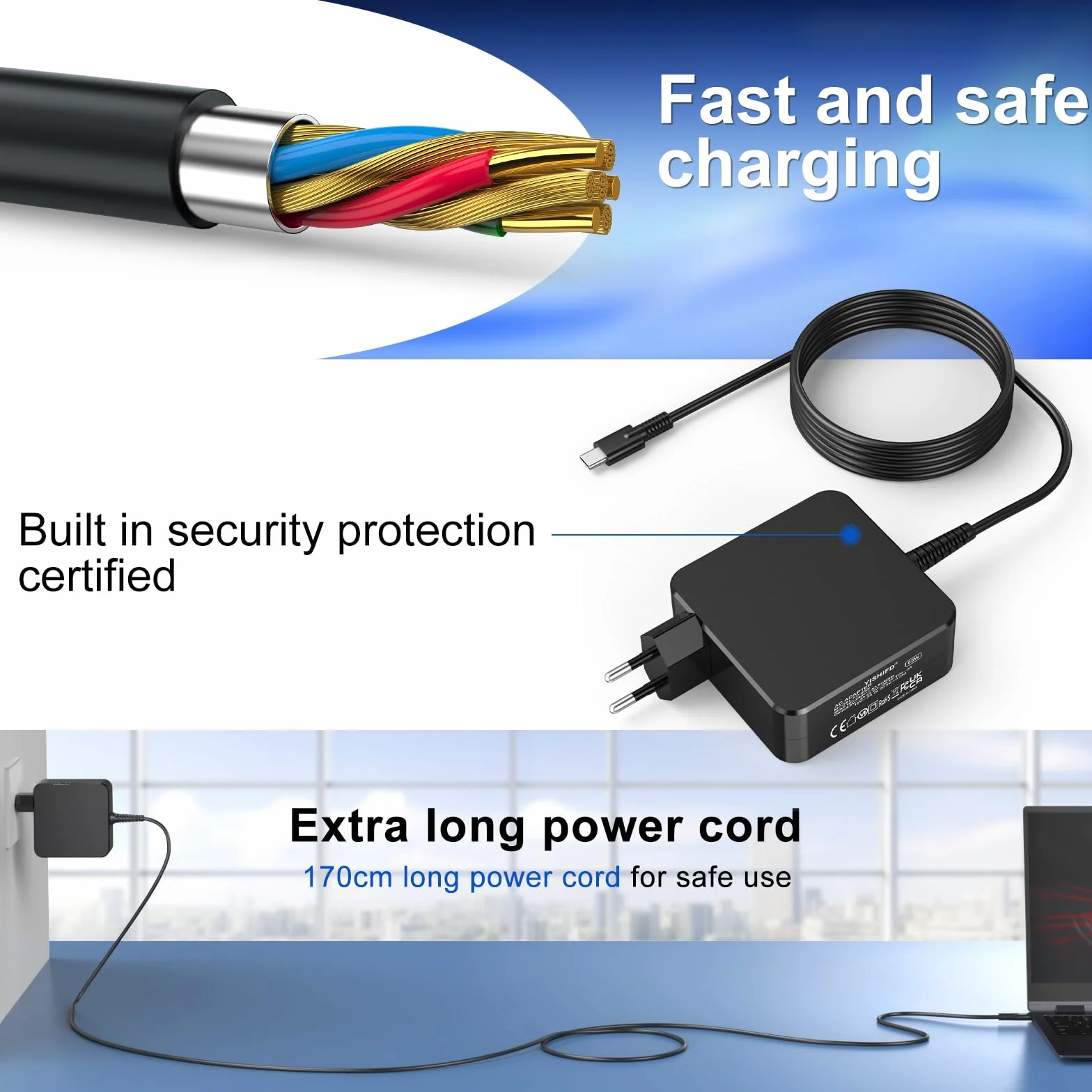 Chargeur USB C 65W pour ASUS Lenovo Thinkpad Yoga Huawei Matebook MacBook Pro Air HP Chromebook Acer Chromebook Google Samsung