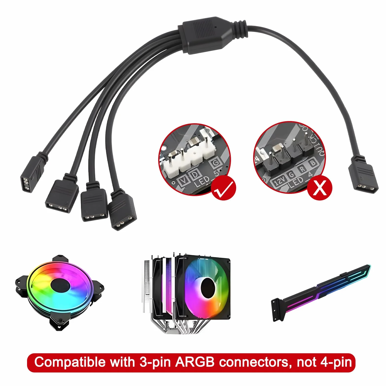 Câble Répartiteur ARGB 5V 3 Broches 1 vers 3 Ports 30 cm pour Ventilateur PC