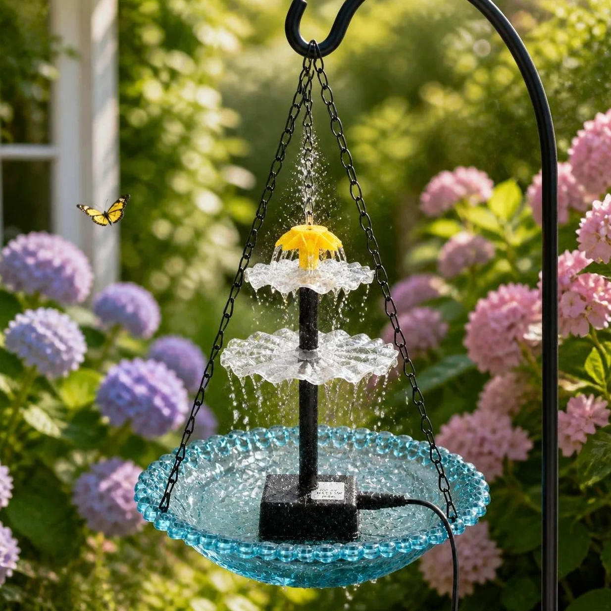Bain d'oiseaux Solaire Flottant Suspendu, Plastique - Attire Les Oiseaux - métal - conçu pour Jardin extérieur - pour, Violet, Fontaine à Oiseaux Solaire à Double Niveau