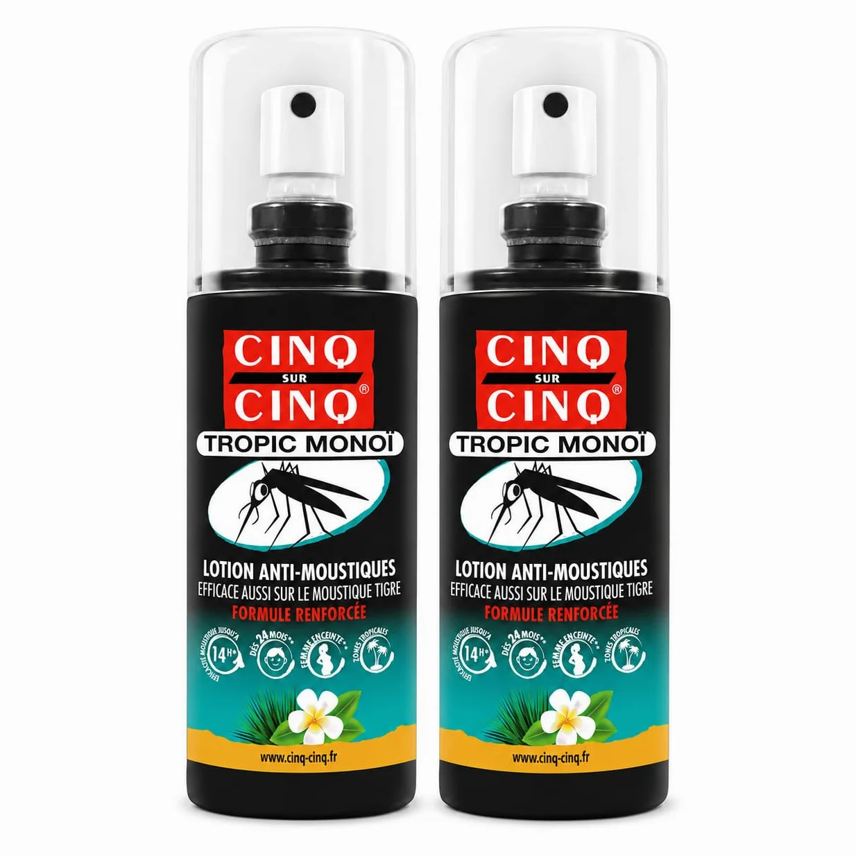CINQ SUR CINQ Tropic Monoï Lotion Anti-Moustiques - Lot de 2 | Formule Renforcée, Efficace aussi sur le moustique tigre, Jusqu'à 14h d'efficacité, Dès 24 mois, Zones tropicales