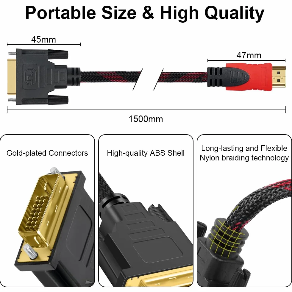 AXFEE Câble HDMI vers DVI Bidirectionnel 4K 1.5M 24+1 Pin Compatible Projecteur TV PC