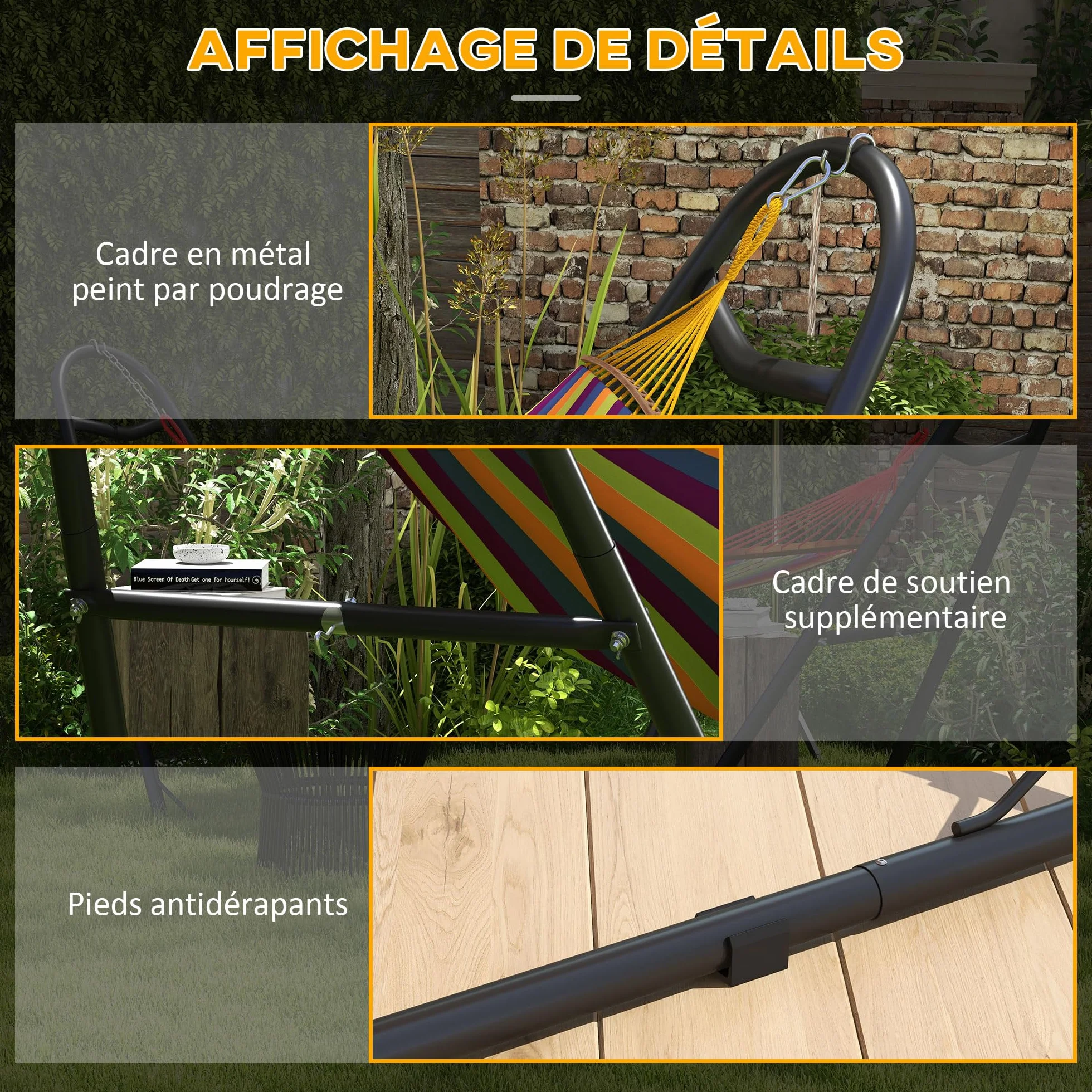 Outsunny Support de Hamac pour 2 Personnes, Cadre Métal Portable Réglable, Résistant aux Intempéries, Capacité 250 kg, Noir