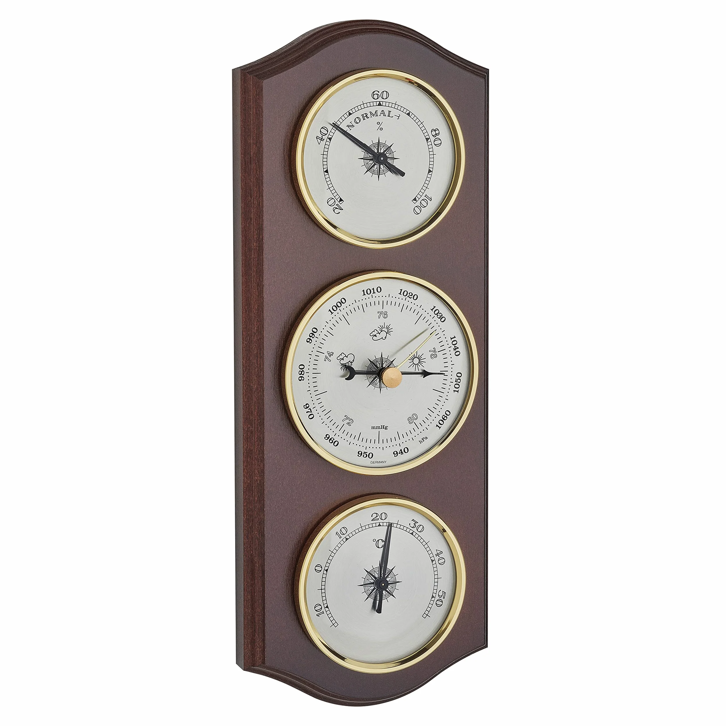 TFA Dostmann Station météo analogique, 20.1000.03, avec baromètre, thermomètre, hygromètre, pour prévisions météo locales, en bois massif, couleur noyer