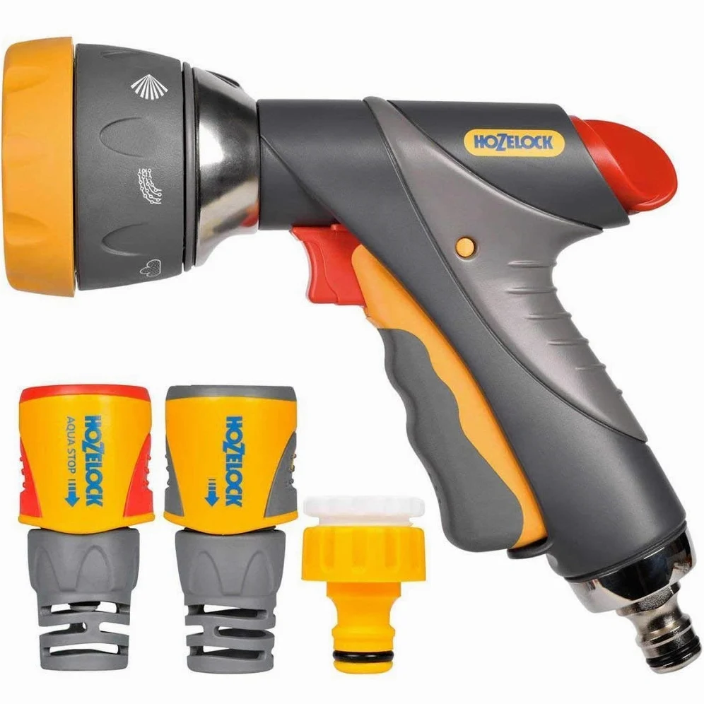 HOZELOCK - Kit Pistolet d'Arrosage Multi-Jets Pro Ø 12,5 - 15mm (1/2"- 5/8") : Nécessaire de Connections Flexible et Confort, 1 Pistolet Multi-Jets Pro Métal, 1 Connecteur Aquastop Plus [2371 0000]