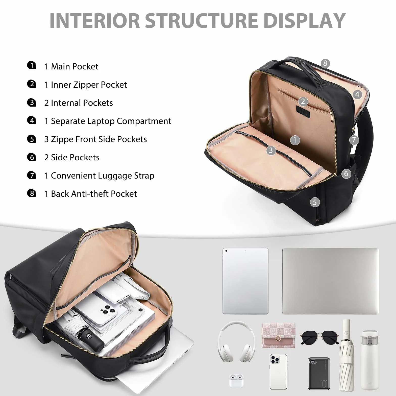 Sac à Dos Ordinateur Portable 16 Pouces Imperméable Noir